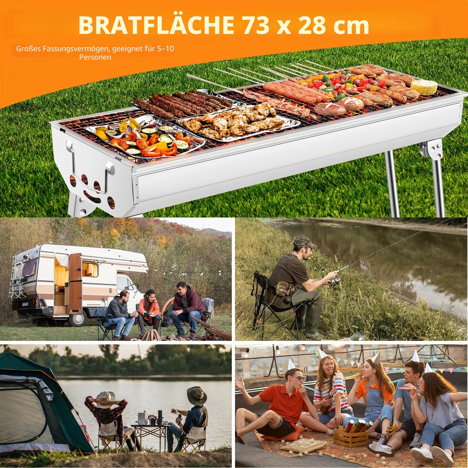 XXL Holzkohlegrill,Tragbarer Kohlegrill, Klappgrill Edelstahl BBQ