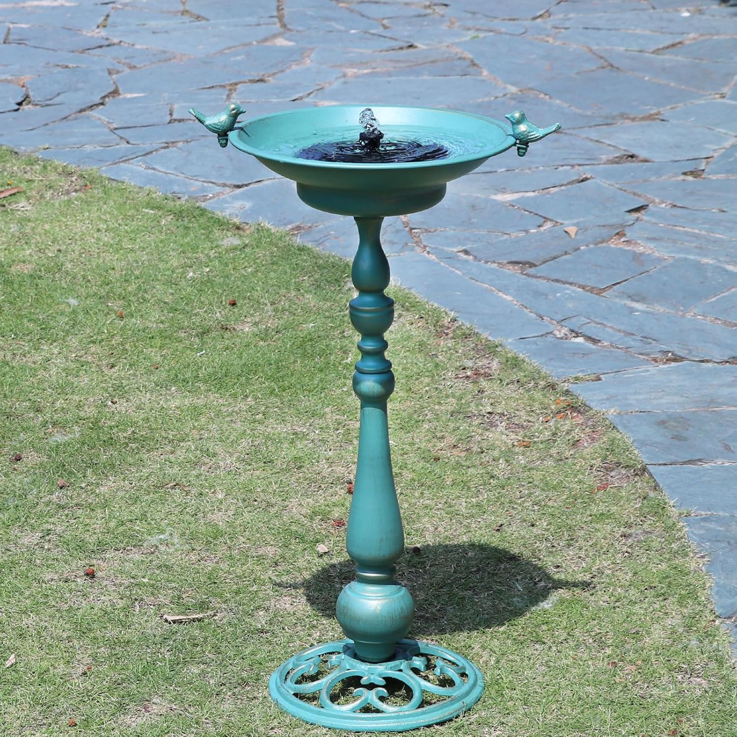 26.6" H Solar Bird Bath, Cast Iron Bird Bath and Solar Fountain, Outdoor Metal Bird Bath Bowl for Outdoors,Patio Yard Lawn Decor（Bronze