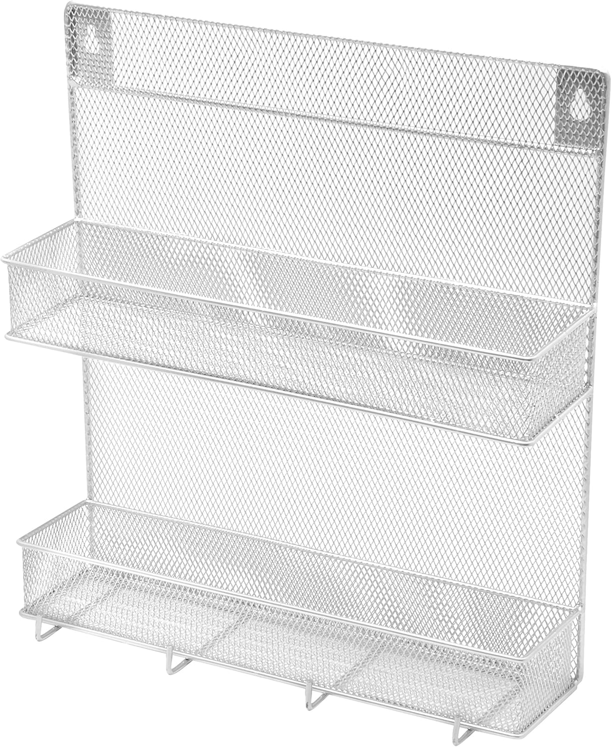 YBM Home 2-Tier Wall Mount Mesh Spice Rack Organizer with Hooks for Cabinet Pantry Door Kitchen, Large Hanging Spice Shelf, Chrome 1153