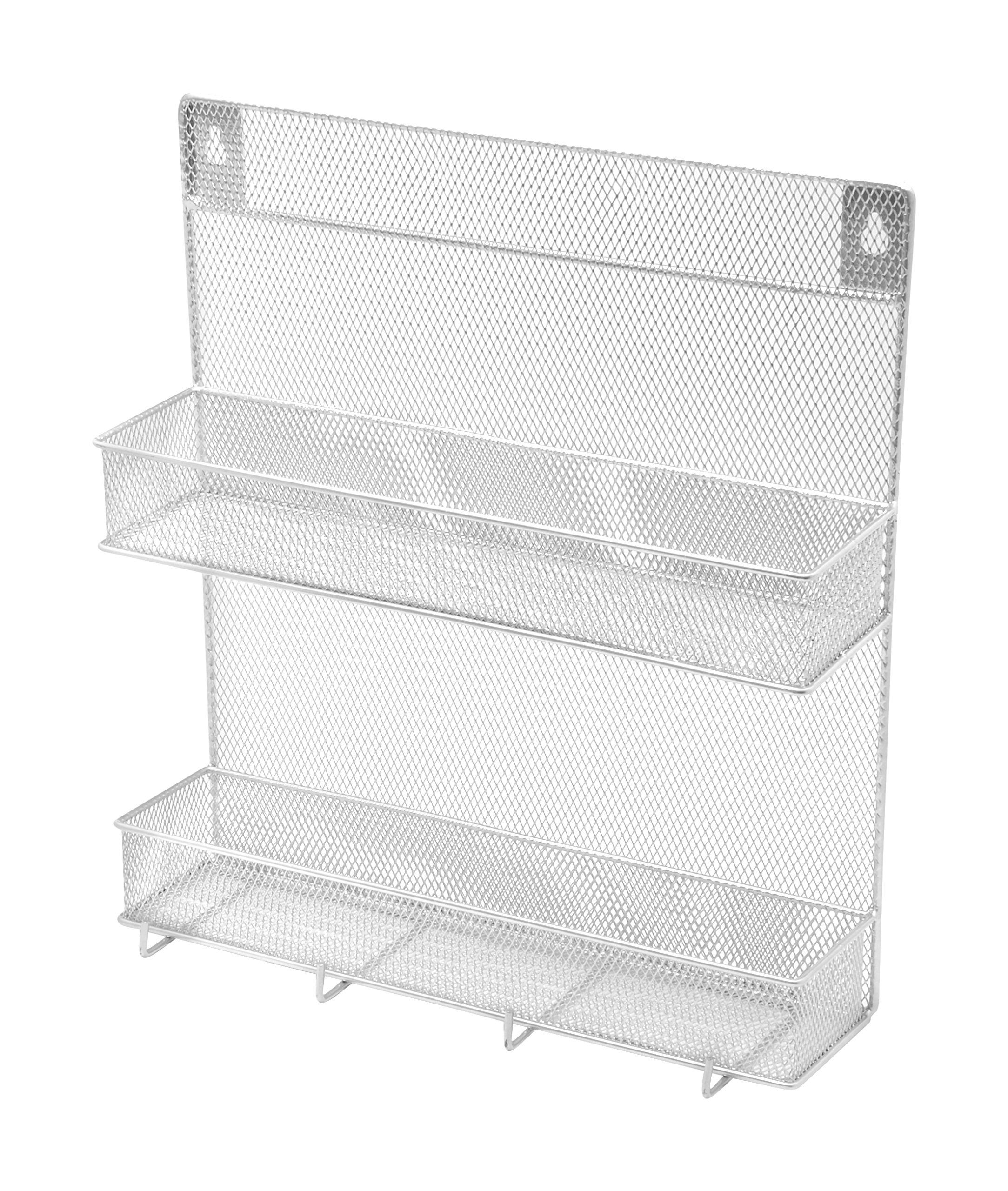 YBM Home 2-Tier Wall Mount Mesh Spice Rack Organizer with Hooks for Cabinet Pantry Door Kitchen, Large Hanging Spice Shelf, Chrome 1153