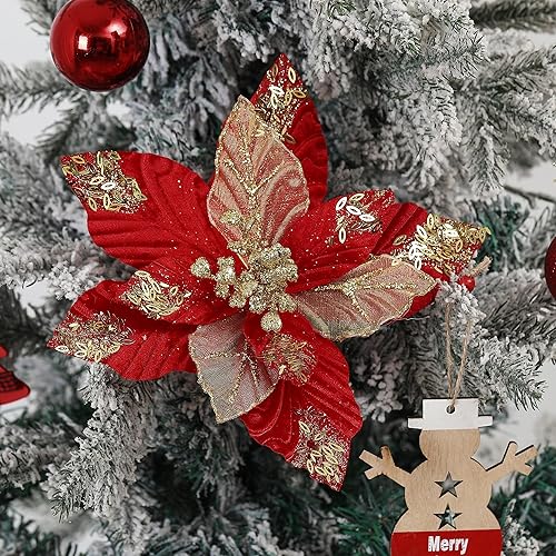 Miniatura 2 de GL-Turelifes Flores de Navidad de terciopelo grandes de 10.7 pulgadas, 6 piezas de flores de pascua artificiales con purpurina, flores de árbol de