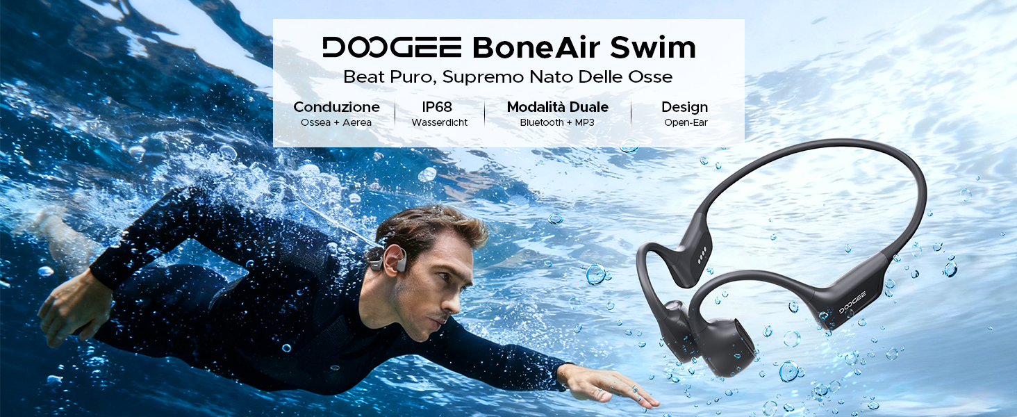 Cuffie A Conduzione Ossea DOOGEE Per Nuoto - IP68 Impermeabili, 64GB MP3, Bluetooth 5.4, Batteria 15 Ore, Per Sport E Fitness