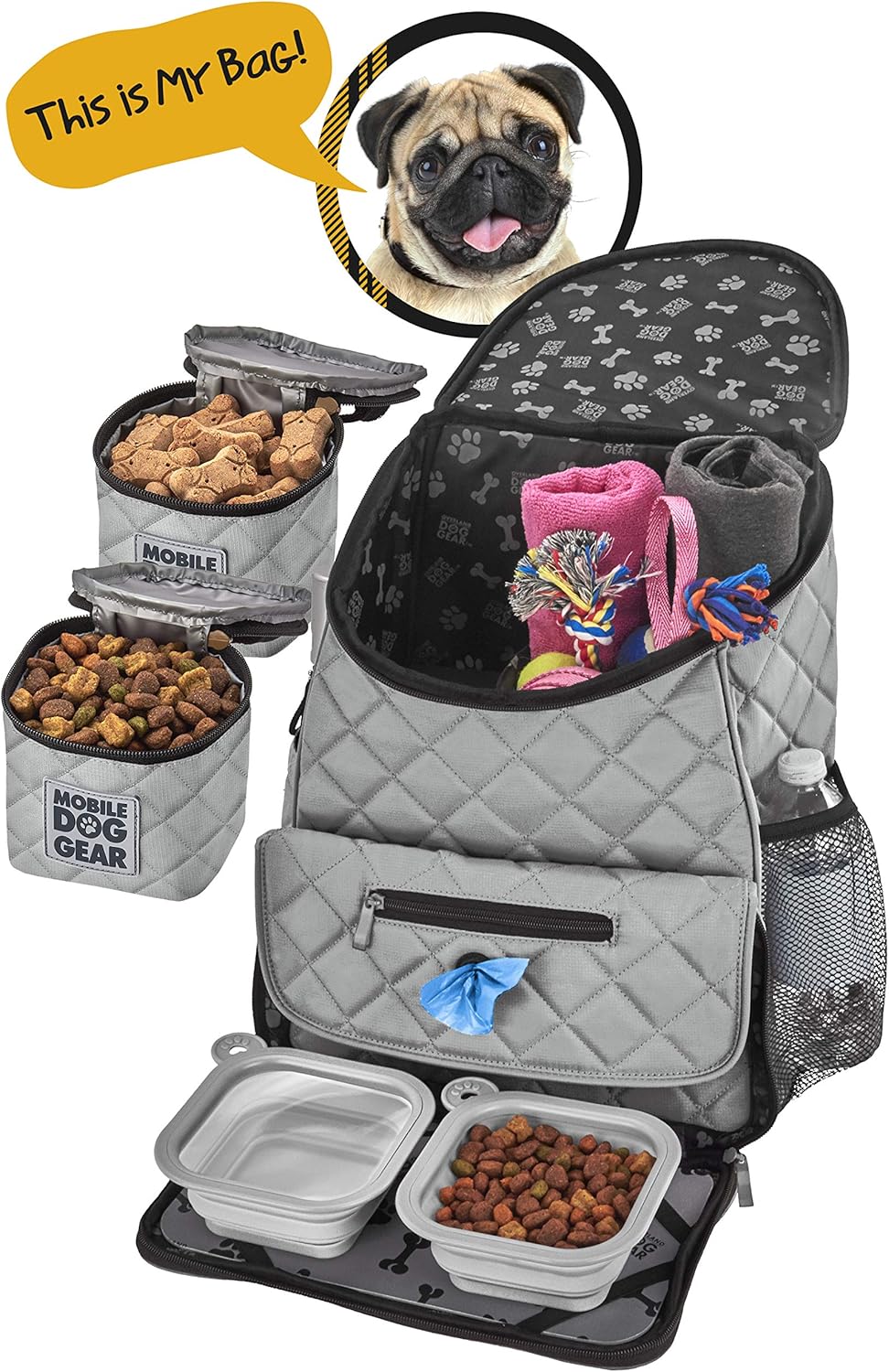 Mobile Dog Gear, Dog Travel Bag, Deluxe Quilted Weekender Backpack, Includes Lined Food Carriers and 2 Collapsible Dog Bowl, Gray