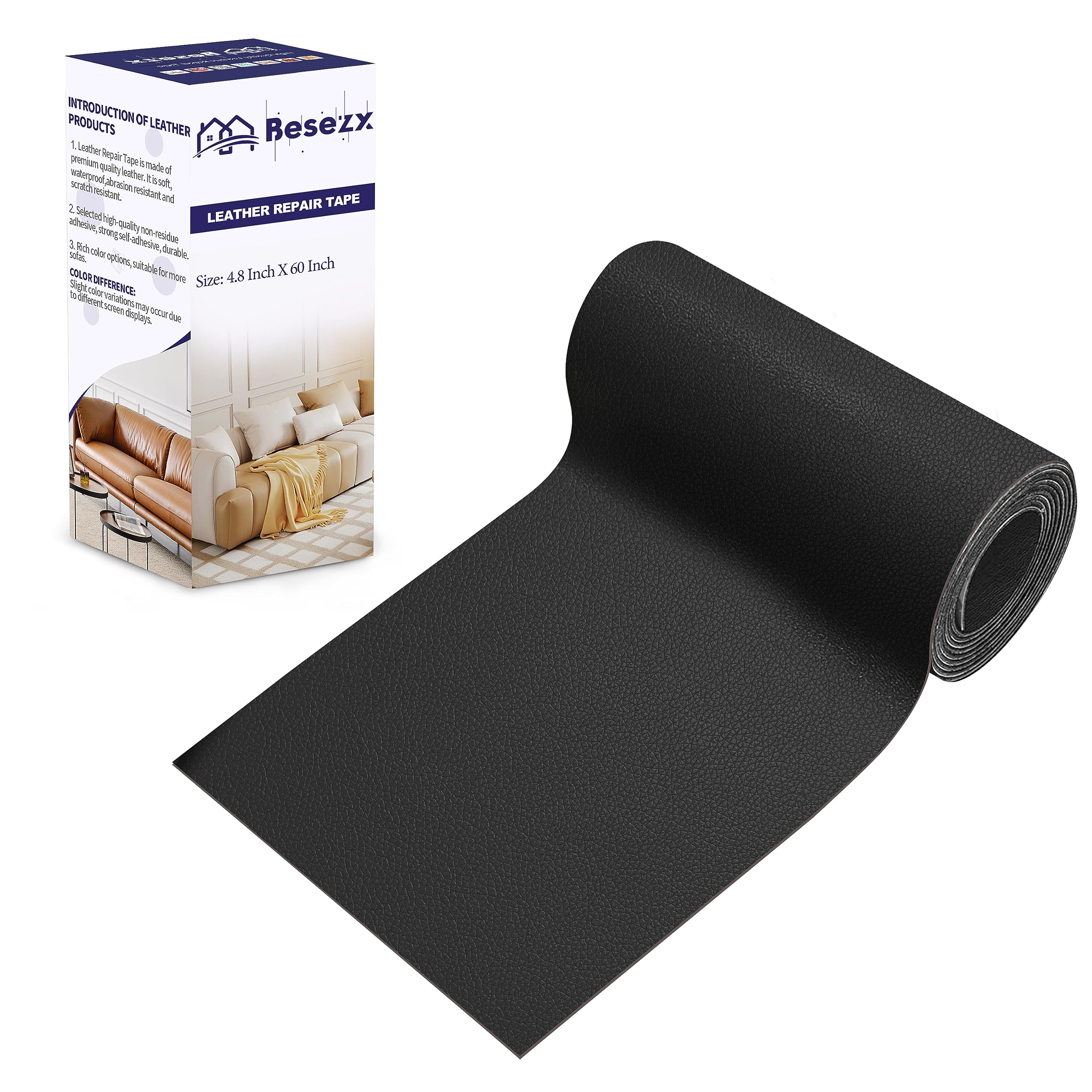Besezx Leather Repair Patch Tape Kit, Self Adhesive Leather Repair for Furniture, Couch, Sofa, Car Seats,Office Chair,Vinyl Repair Kit.4.8inx60in