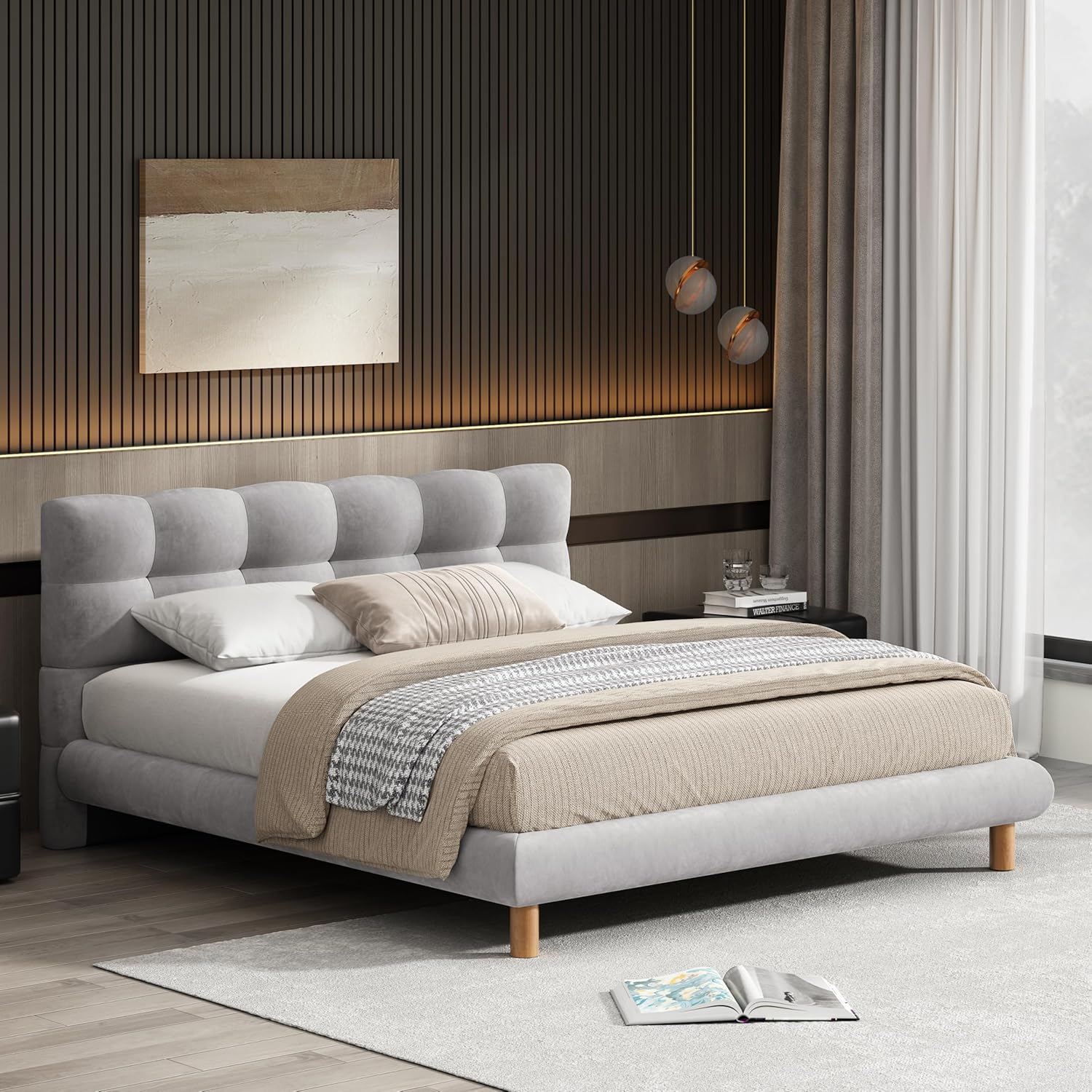 Full Size Upholstered Platform Bed Frame with Cookie-Shaped Headboard, Luxury Grey Full Bed for Bedroom, Easy Assembly, Soft and Comfortable (Full)