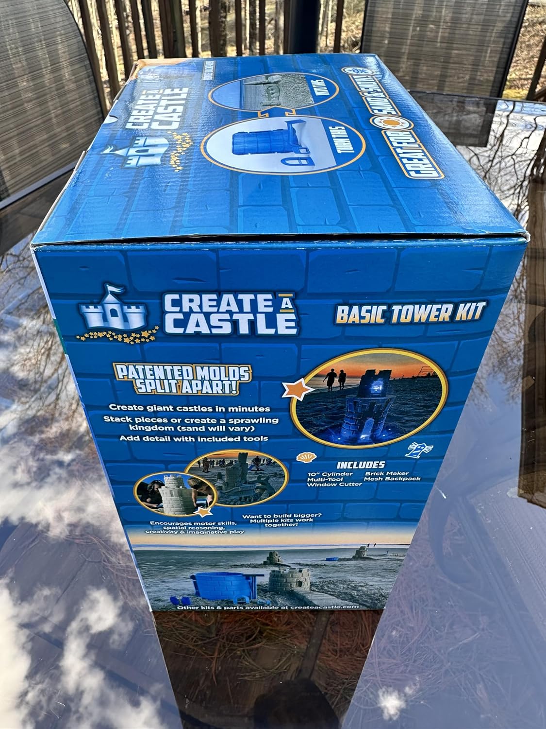 Create A Castle Sandcastle Kit as Seen on Shark Tank, 4 Piece Outdoor Beach Toy Set for Kids and Adults, Towers, Building Tools, Portable Mesh Storage Backpack - Basic Blue