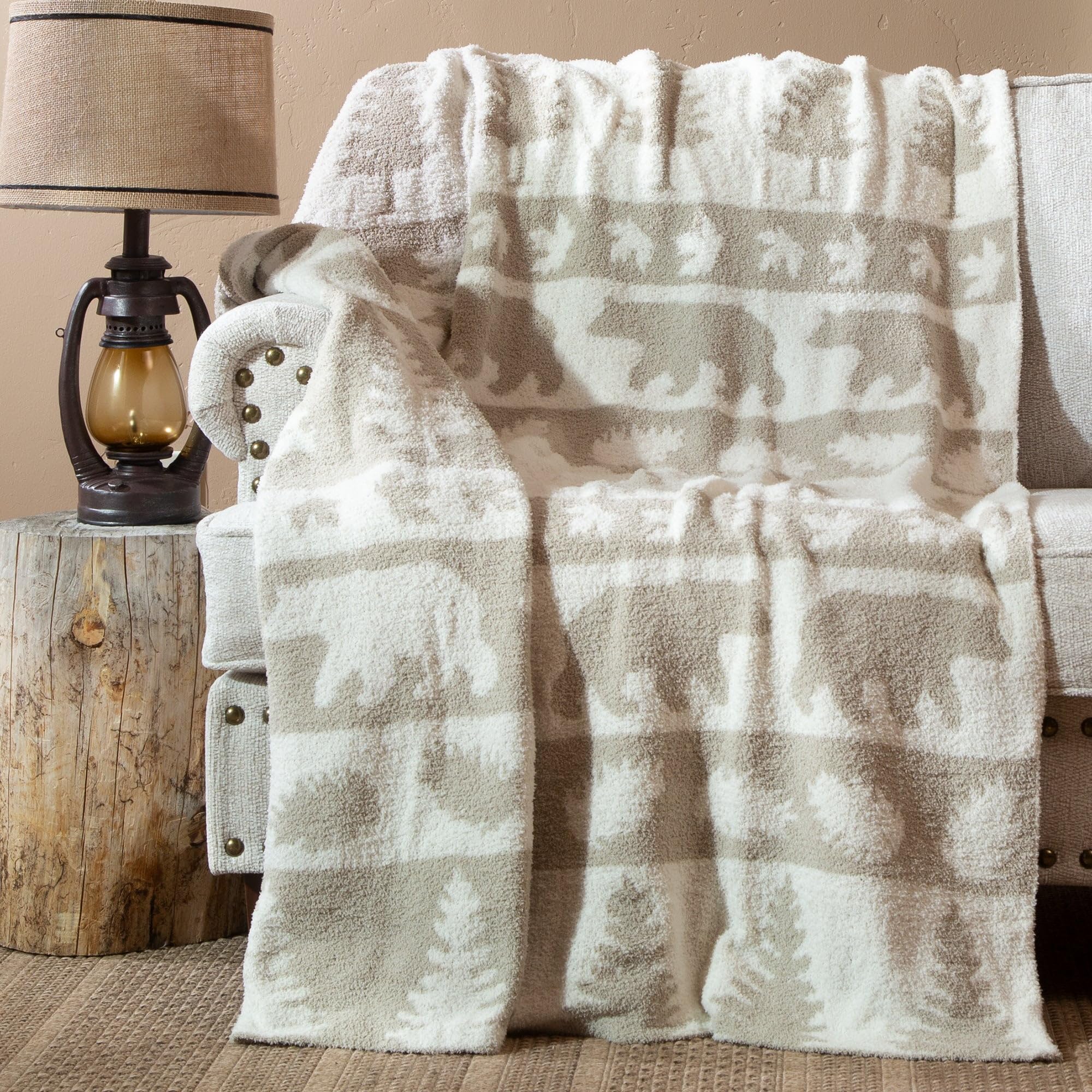 Couverture de luxe douce en peluche plaid extensible beige rustique rayures ours L