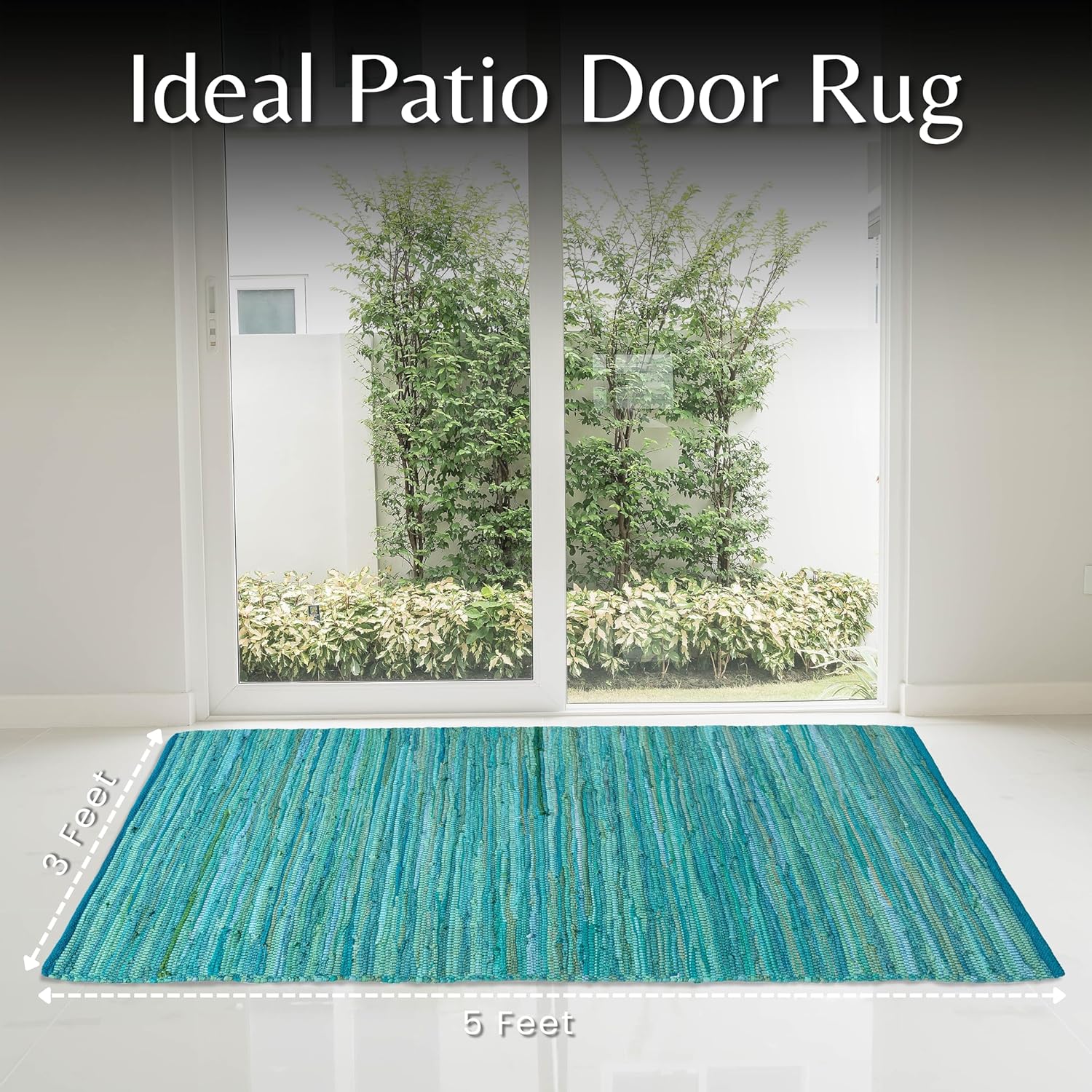 Cotton Hand Woven Chindi Rug 3x5 Feet - Teal, Reversible Large Durable Handmade Rag Dhurrie Ideal for Hallway, Kitchen, Living Room | Green Farmhouse Decorative Rectangular Floor Mat for Balcony