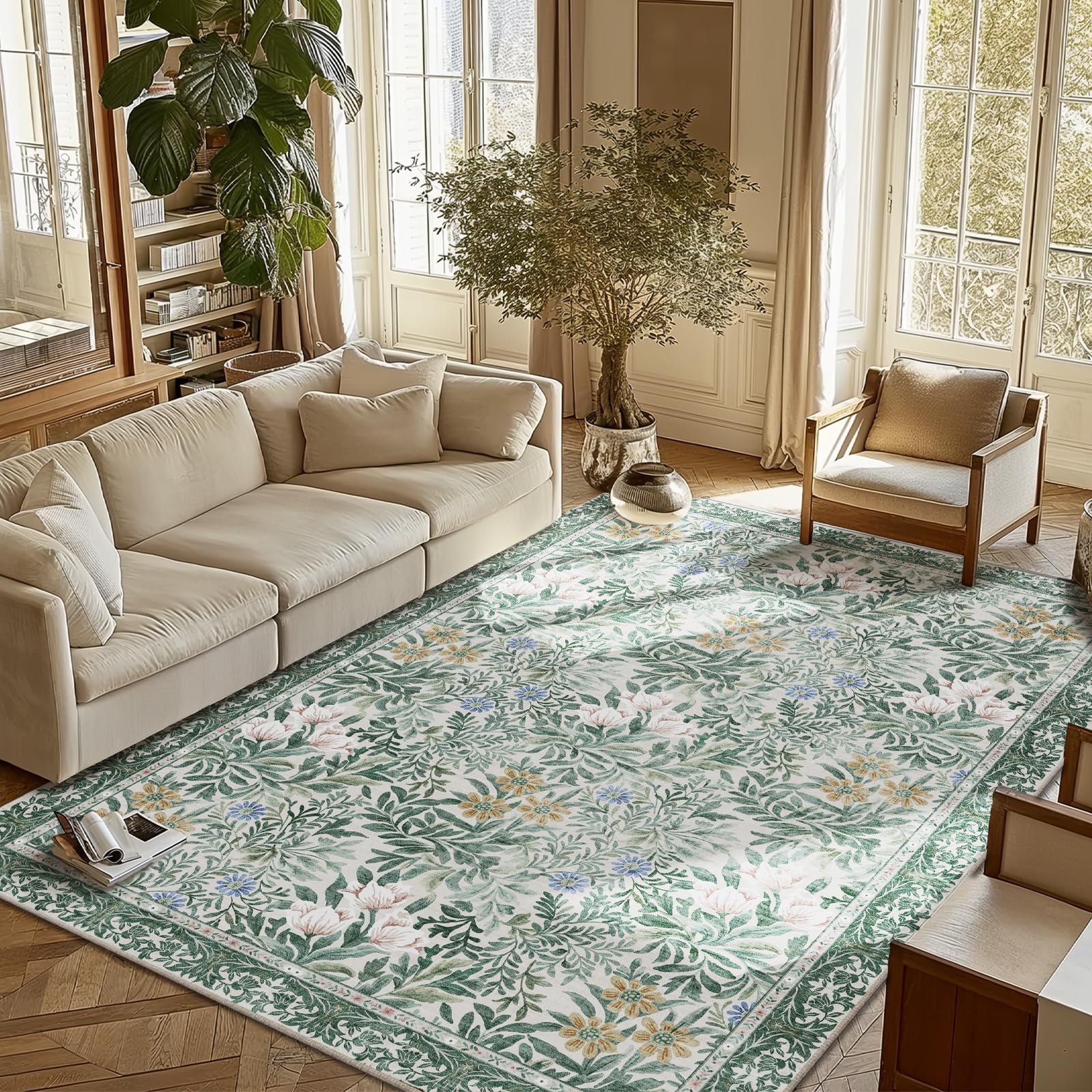 Botanical Floral Area Rug 6x9 Light Green Cream Vintage Garden Design, Perfect for Living Room, Bedroom, Kids Room, Nursery - Stain &amp; Water Resistant Non-Slip, Pet &amp; Child Friendly Area Rugs