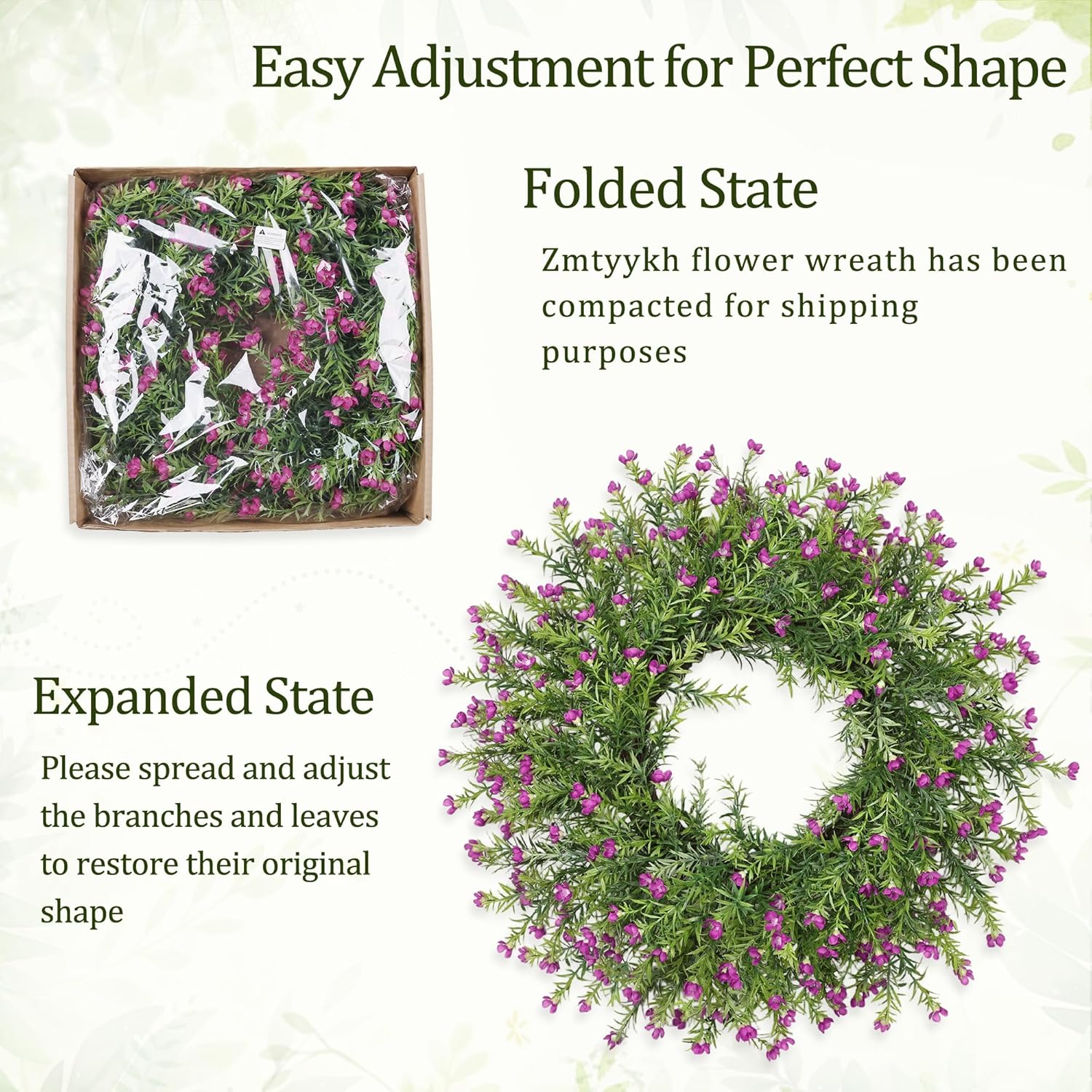 Realistic 24 Inch Baby’s Breath Wreath Spring Wreath for Front Door, Zmtyykh Purple Floral Green Wreath for Outdoor Indoor Farmhouse Wall Porch Home Decor, All Season Summer Wedding Party
