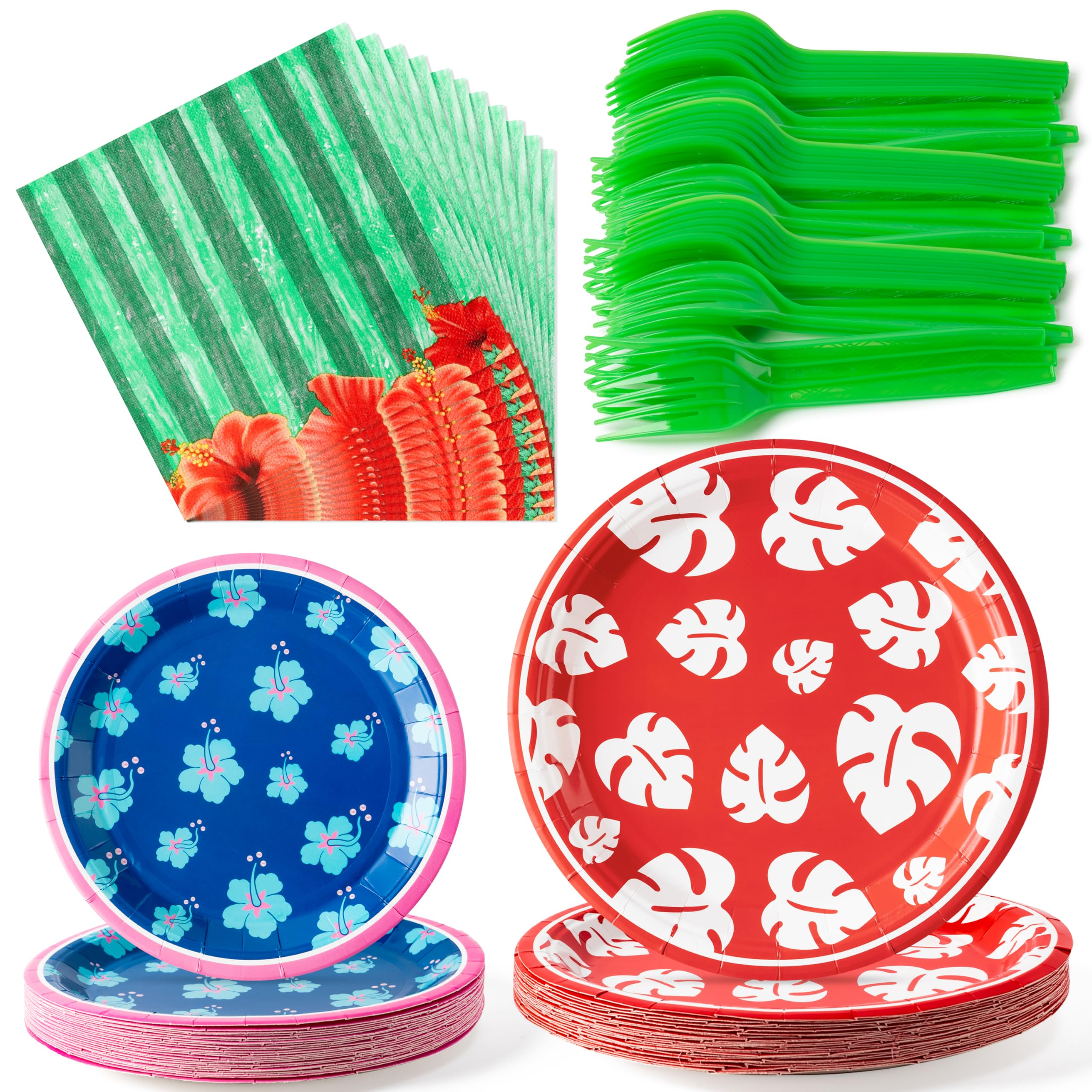 BHronony Hawaii Plates Napkins Tableware - 96pcs Cartoon Movie Party Forks Dinnerware Set Decorations Supplies, Hawaiian Themed Disposable Tableware