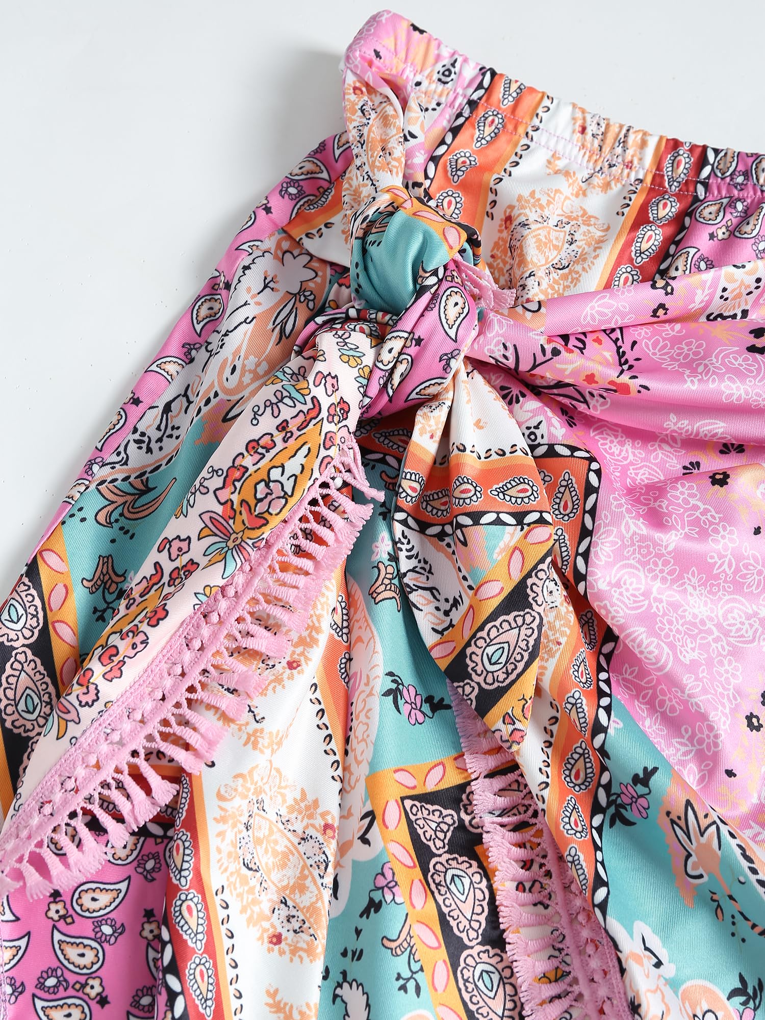 ZAFUL Schlitzrock für Damen, Boho-Print, seitliche Krawatte, Wickelrock mit Quaste, lässiger Strand-Minirock