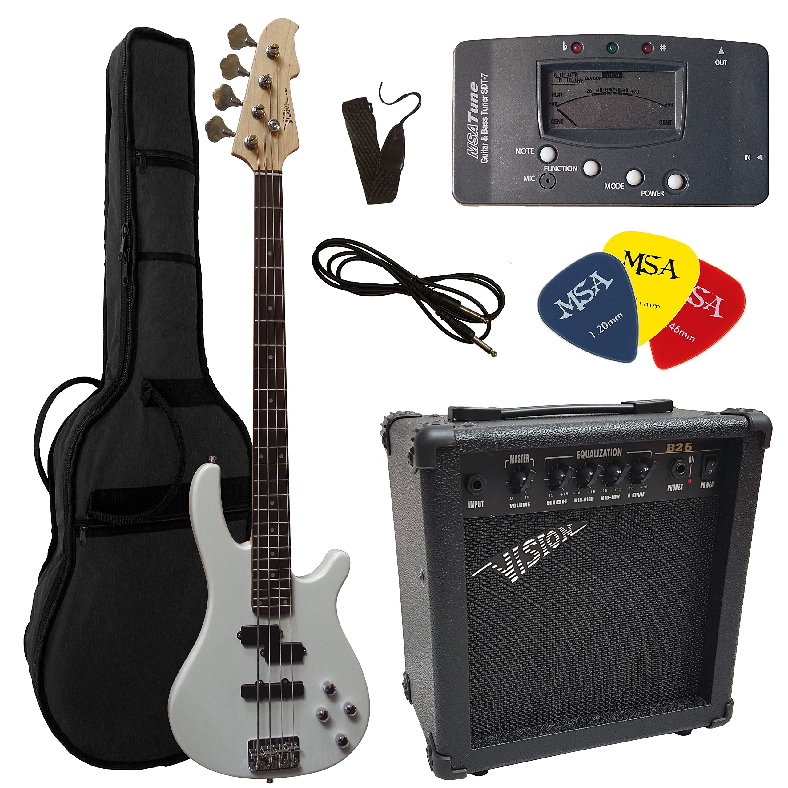 ELEKTROBASS - SET - SILBER - E-BASS - GIGBAG-TASCHE - GURT - VERSTÄRKER 45 WATT - STIMMGERÄT - 3x PLEKTREN - KABEL - VISION SOUND GITARRE - LONG SCALE - JB8W