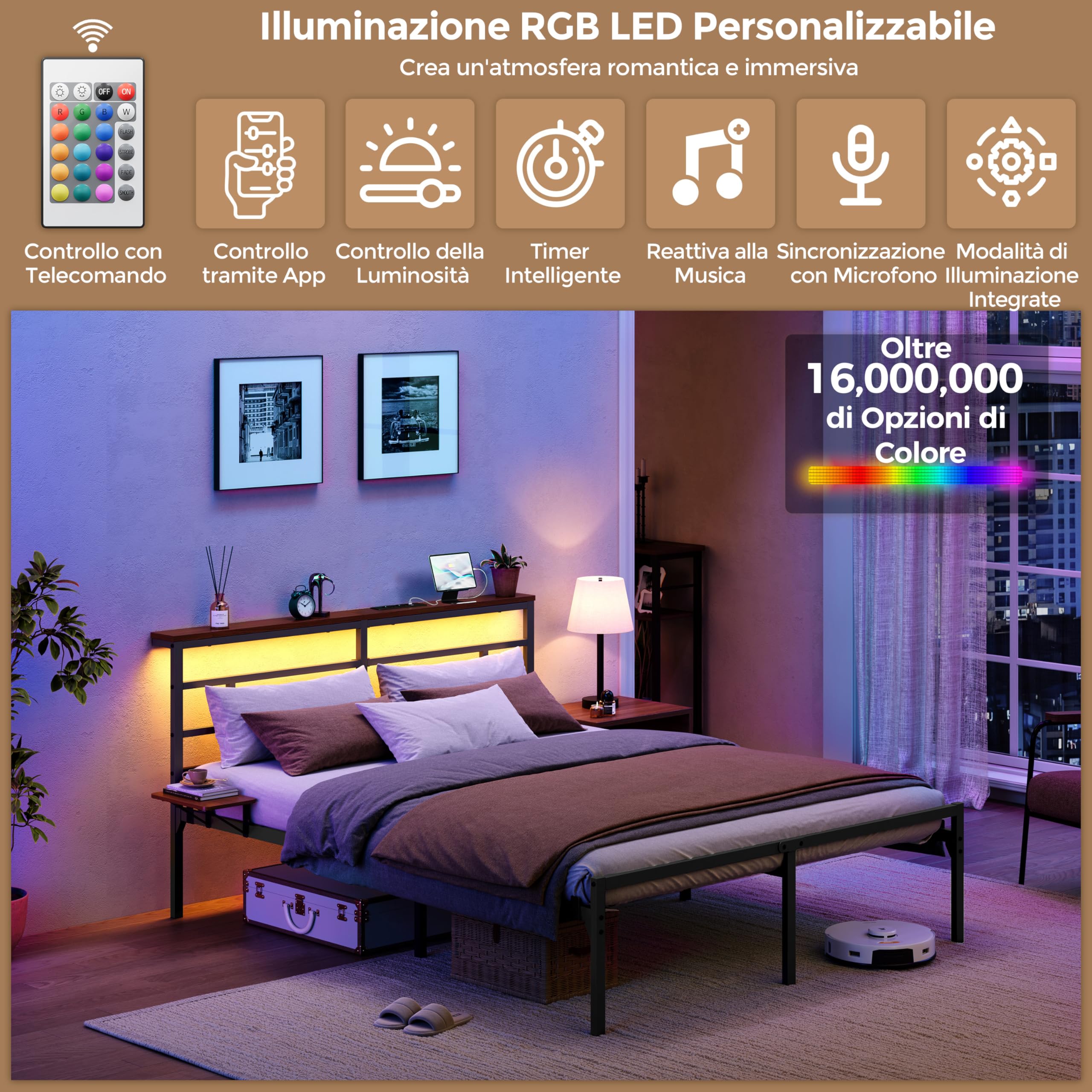 Yaheetech Letto 160 × 200 cm in Metallo, Letto Matrimoniale con Illuminazione a LED e Stazione di Ricarica, Struttura Letto con Testiera in Legno e Rack Laterale, Facile da montare