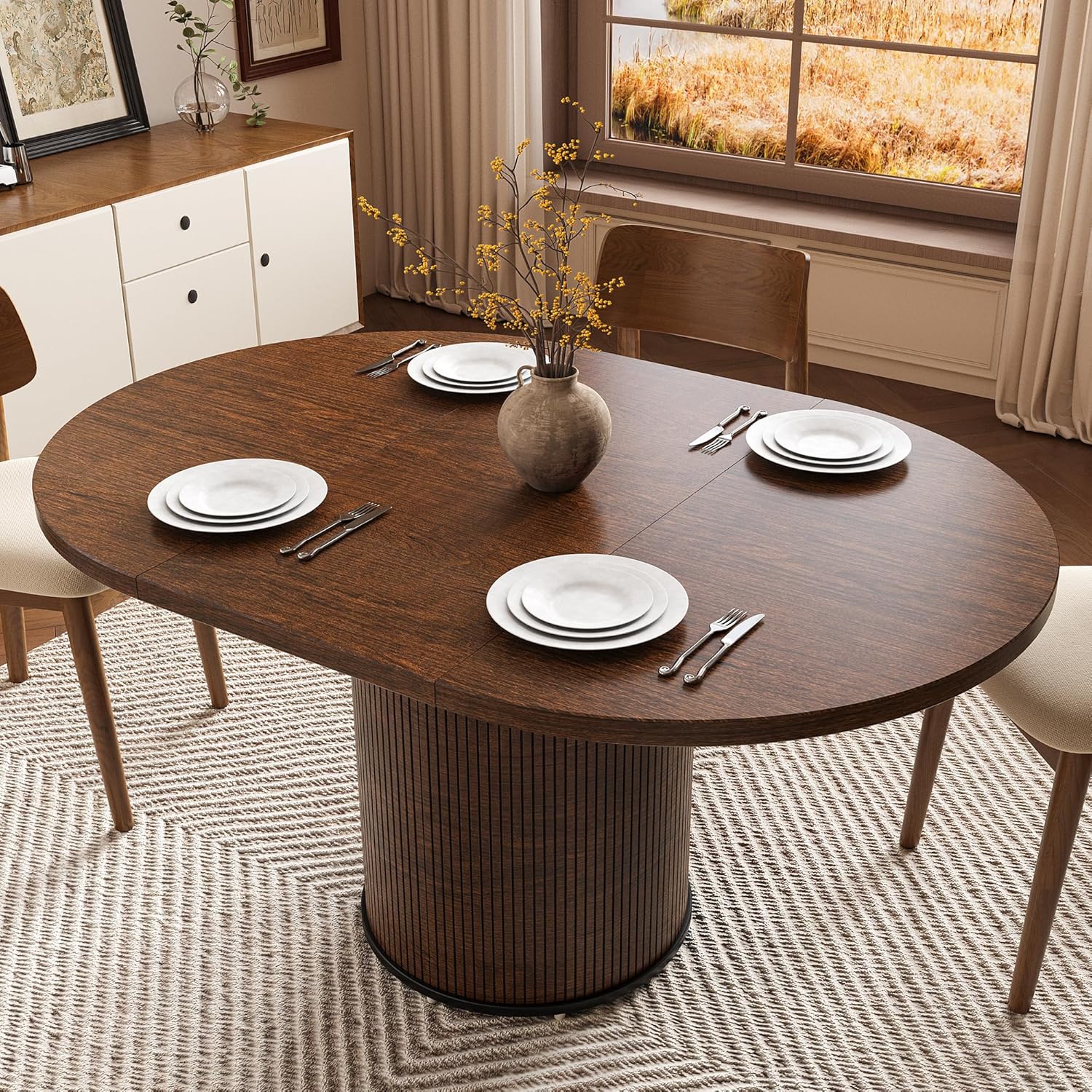 Extendable Round Dining Table for 4-8, 43in-59in Modern Wood Dining Room Table with Removable Leaves, Extendable Dinner Tables w/Heavy Duty Base for Kitchen|Living Room|Small Space, Walnut