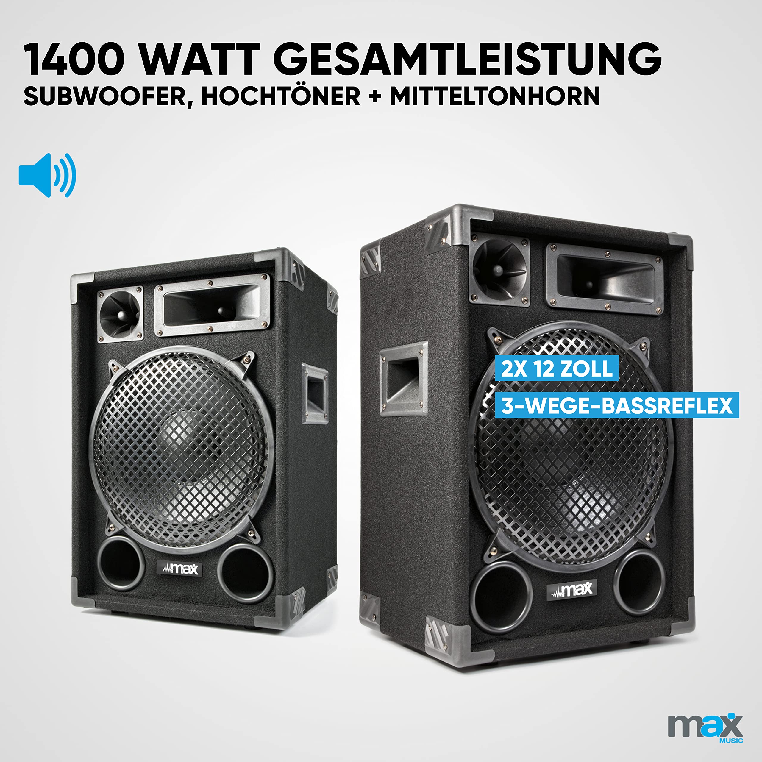 MAX12 - Passive PA Lautsprecher, 2er Set, -700 Watt mit je 12 Zoll Tieftöner, Partyboxen mit Griffe, Passive DJ Boxen Partylautsprecher, Speakerset, Disco Lautsprecherbox in Schwarz