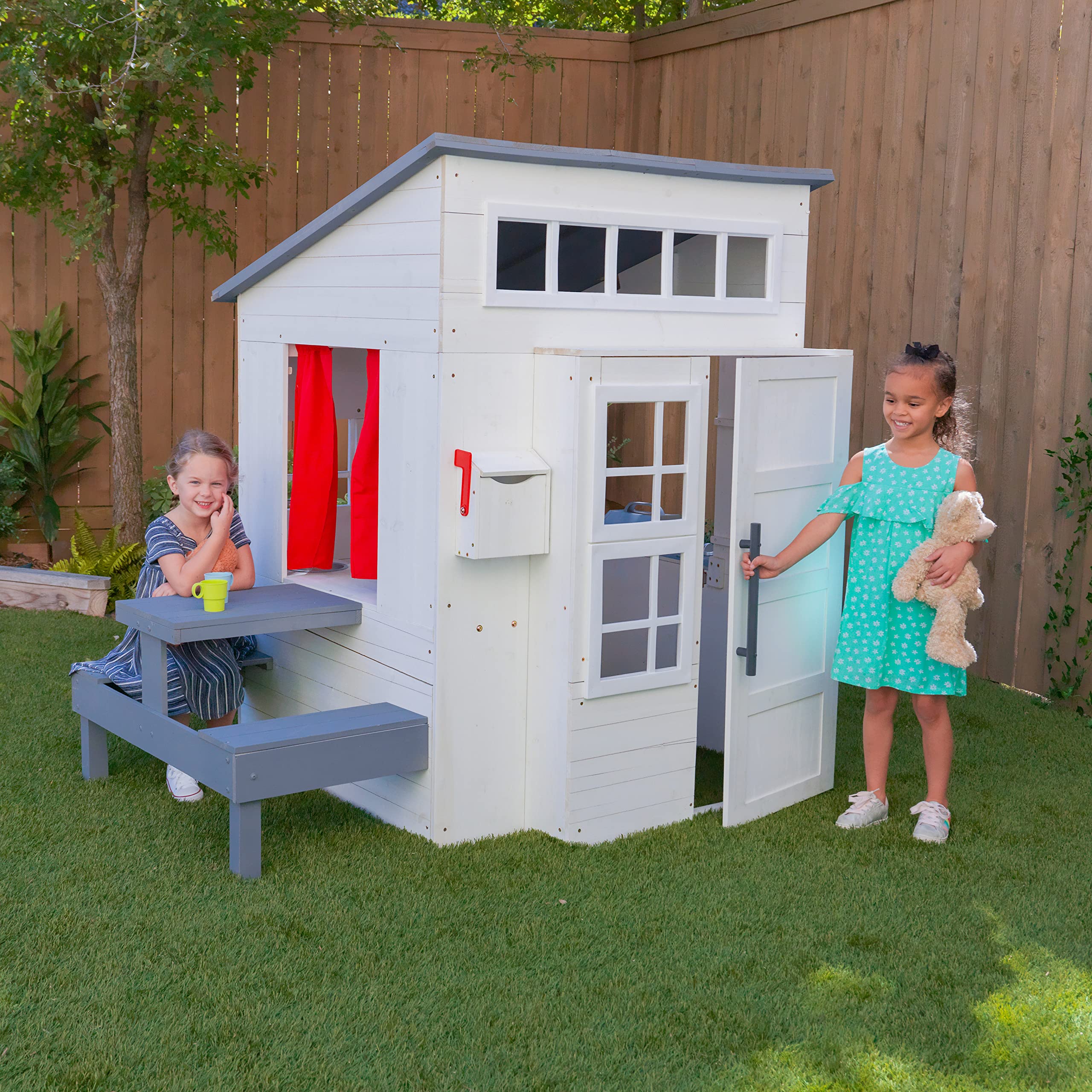 KidKraft Modern Outdoor Wooden Playhouse with Picnic Table, Mailbox and Outdoor Grill, White, Gift for Ages 3-10