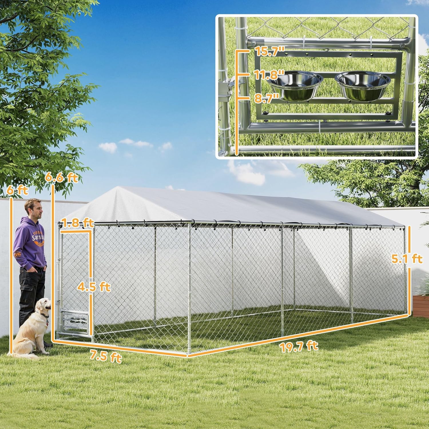 PawHut Outdoor Dog Kennel with Roof, 20' x 7.5' x 6.5' Chain Link Dog Run with Waterproof UV-Resistant Cover, Double Secure Locks, Adjustable Rotating Bowls, for Large Breeds, Chickens, Ducks, Geese