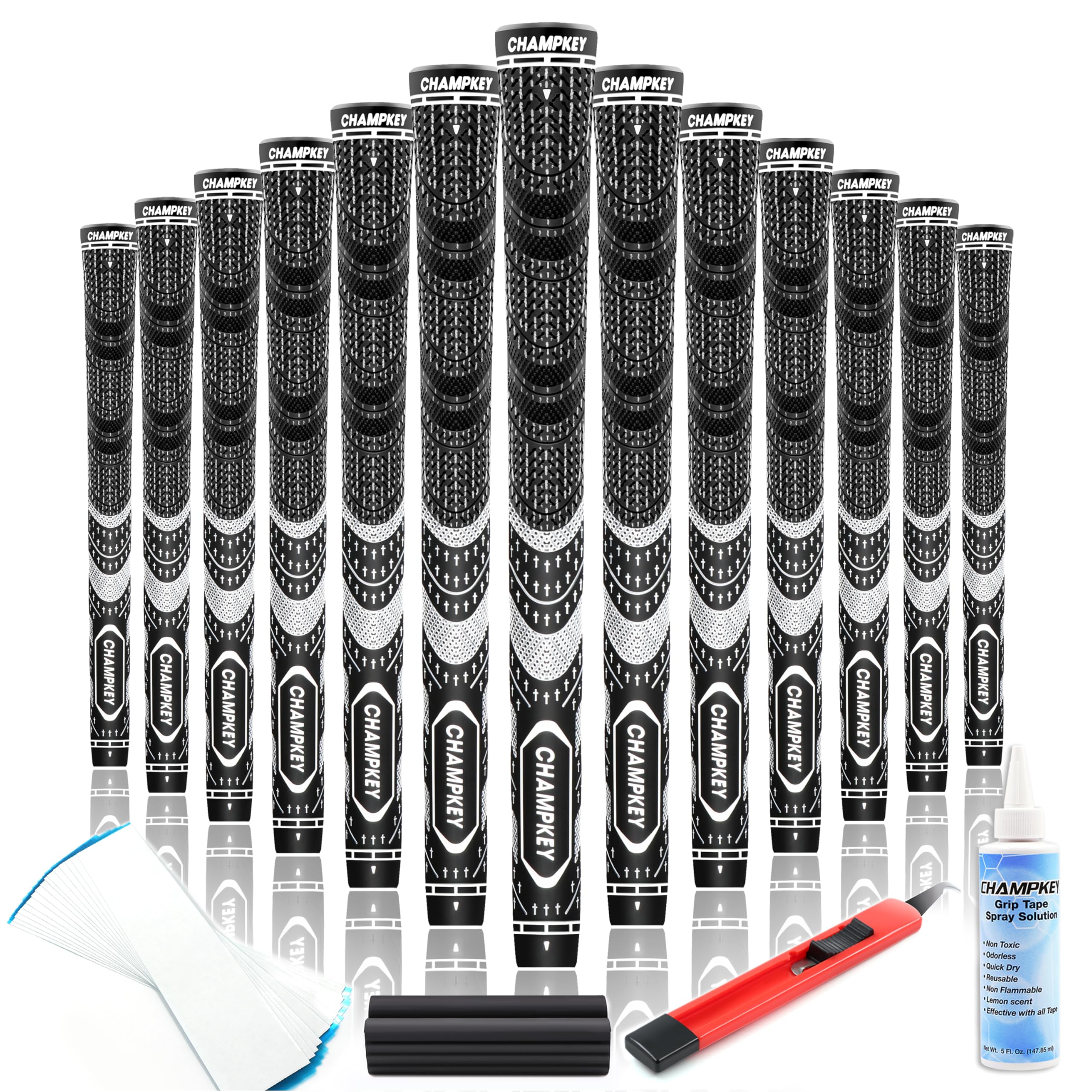 CHAMPKEY Premium Hybrid Golf Grips 13 Pack with All Repair Kits - All Weather Performance Golf Club Grips - High Traction and Control Half Corded Golf