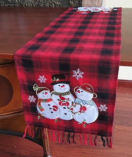 Miniatura 4 de GRANDDECO Camino de mesa navideño, cuadros rojos y negros con bordado floral de muñeco de nieve de Navidad, decoración de mesa para el hogar,