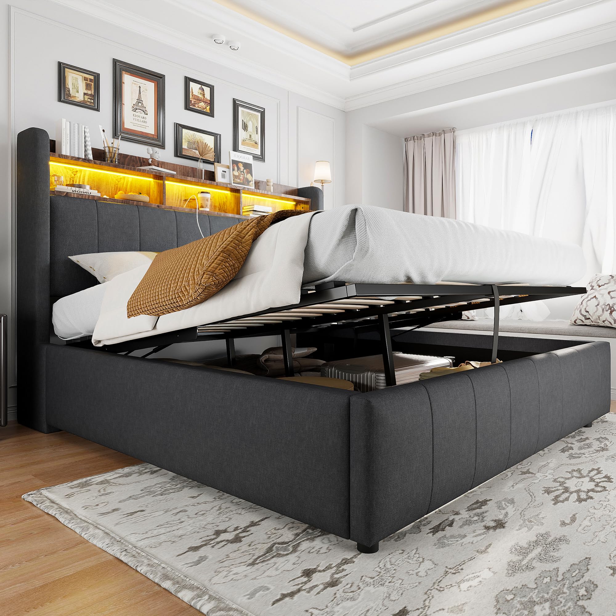 Ymkua Letto Imbottito Letto Matrimoniale 160x200 cm, Bed con LED Luce e USB-Port, Idraulica Struttura Bed frame con Contenitore Testata e Rete a Doghe in Legno, Lino, Grigio, Senza Materasso