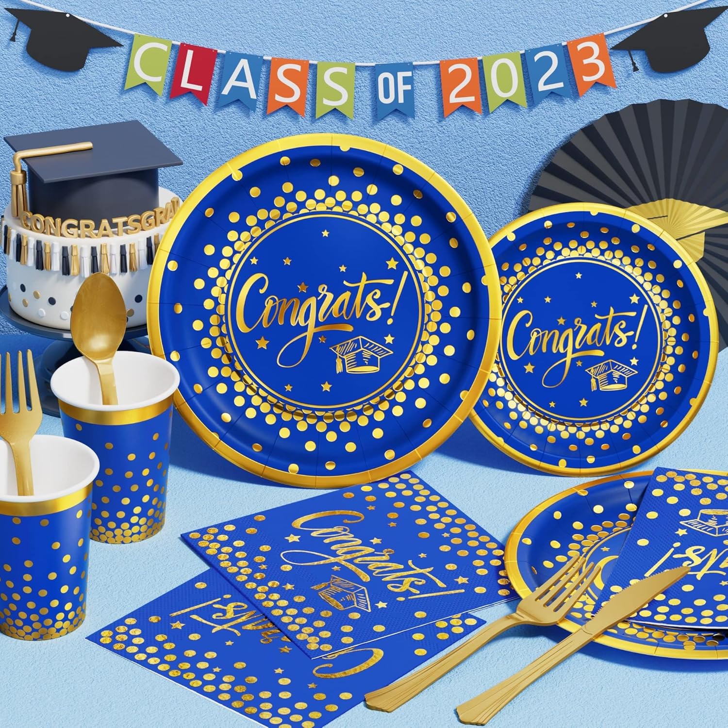 Ecomore 2026 Graduation Party Decoration - 350 PCS Blue Gold Grad Supplies Disposable Dinnerware (Severs 50) w/ Congrats Paper Plates Napkin Cup Plastic Cutlery for College High School Class of 2026