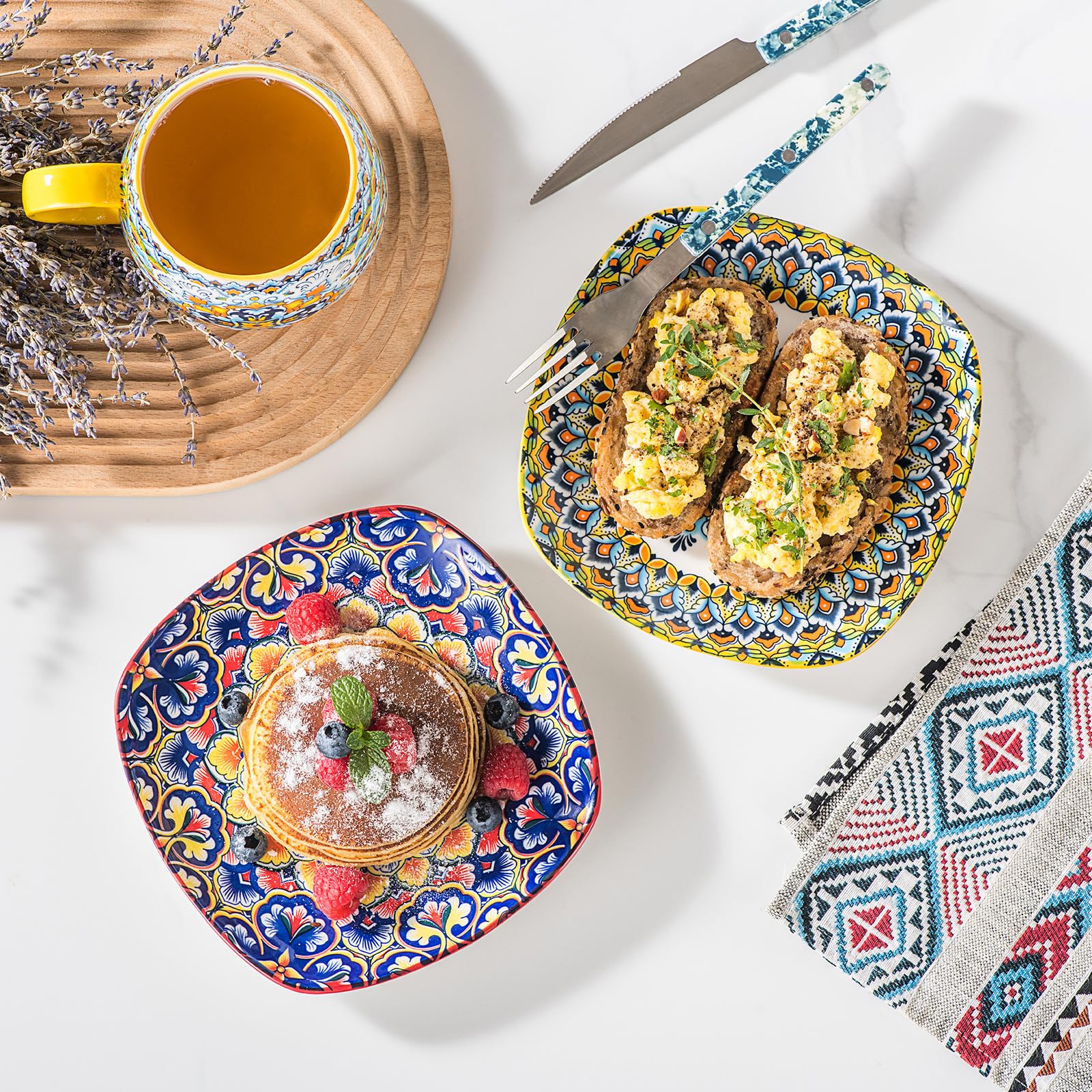 HENXFEN LEAD Dessertteller & Vorspeisenteller Porzellan, 18cm Quadratischer Salatteller 6er Set, Bunte Teller Set für Vorspeisen, Salat und Desserts - Bohemian Style