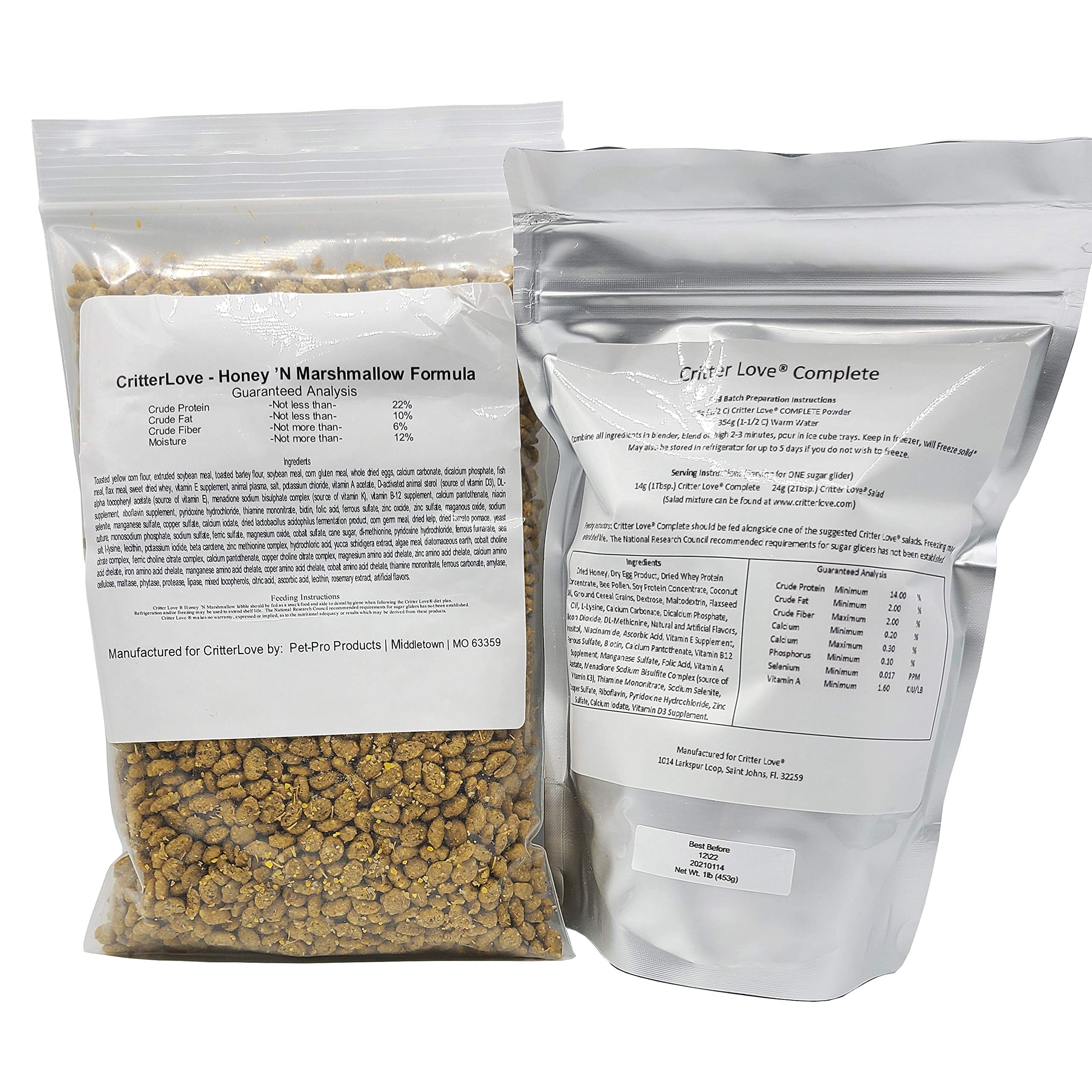 Critter Love Complete & Honey 'N Marshmallow Kibble Sugar Glider Food - Combo Pack