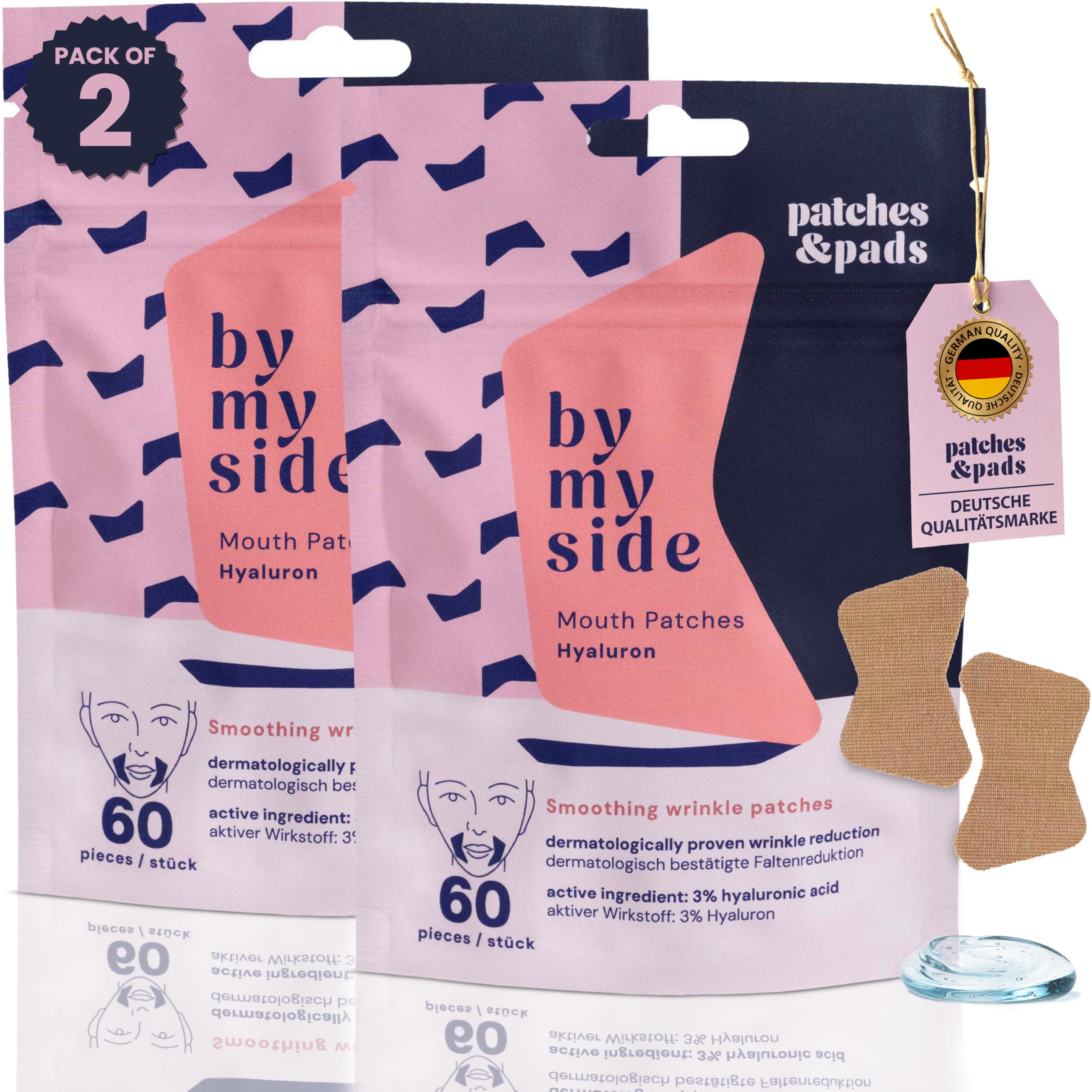 Patches & Pads Mundfalten Pflaster aus Baumwolle mit Hyaluron 60 Stück 2er-Pack - Extra stark haftend - Mundfalten glätten, Mundfalten entfernen, Faltenpflaster - Dermatologisch getestet