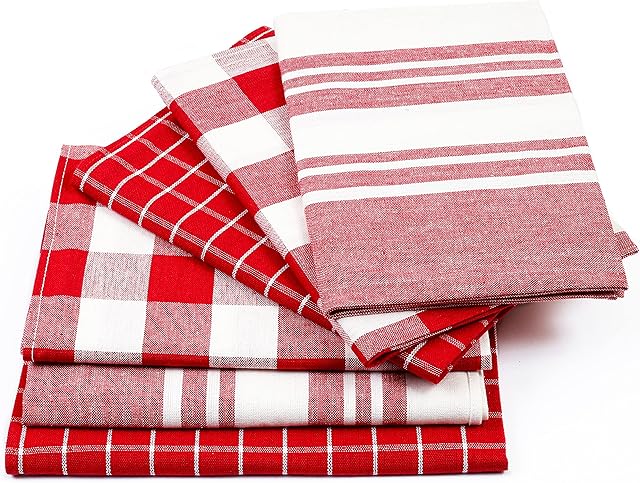 RZK Designs Tea Towels  100% Cotton Kitchen Towels Set  Super Absorbent, Soft & Durable Towels  Pack of 6 Tea Towels Cotton, 70 x 50 cm  Red and White Lint Free Dish Cloths