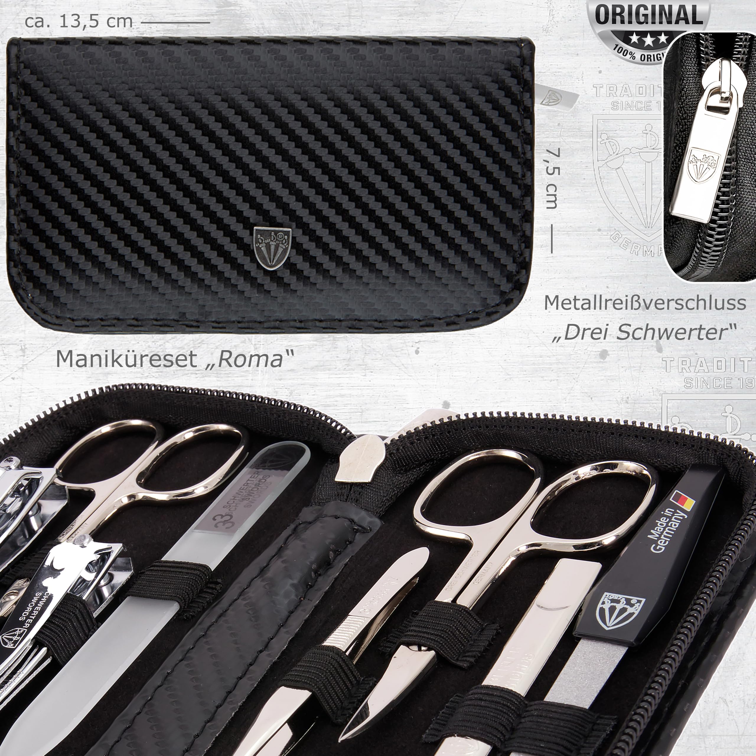DREI SCHWERTER - Maniküreset 'Roma' - Nageletui mit 8 Instrumenten: Nagelschere, Hautschere, Fuß/Finger-Nagelknipser, Nagelreiniger, Pinzette, Glasnagelfeile, Saphirnagelfeile - carbon/schwarz