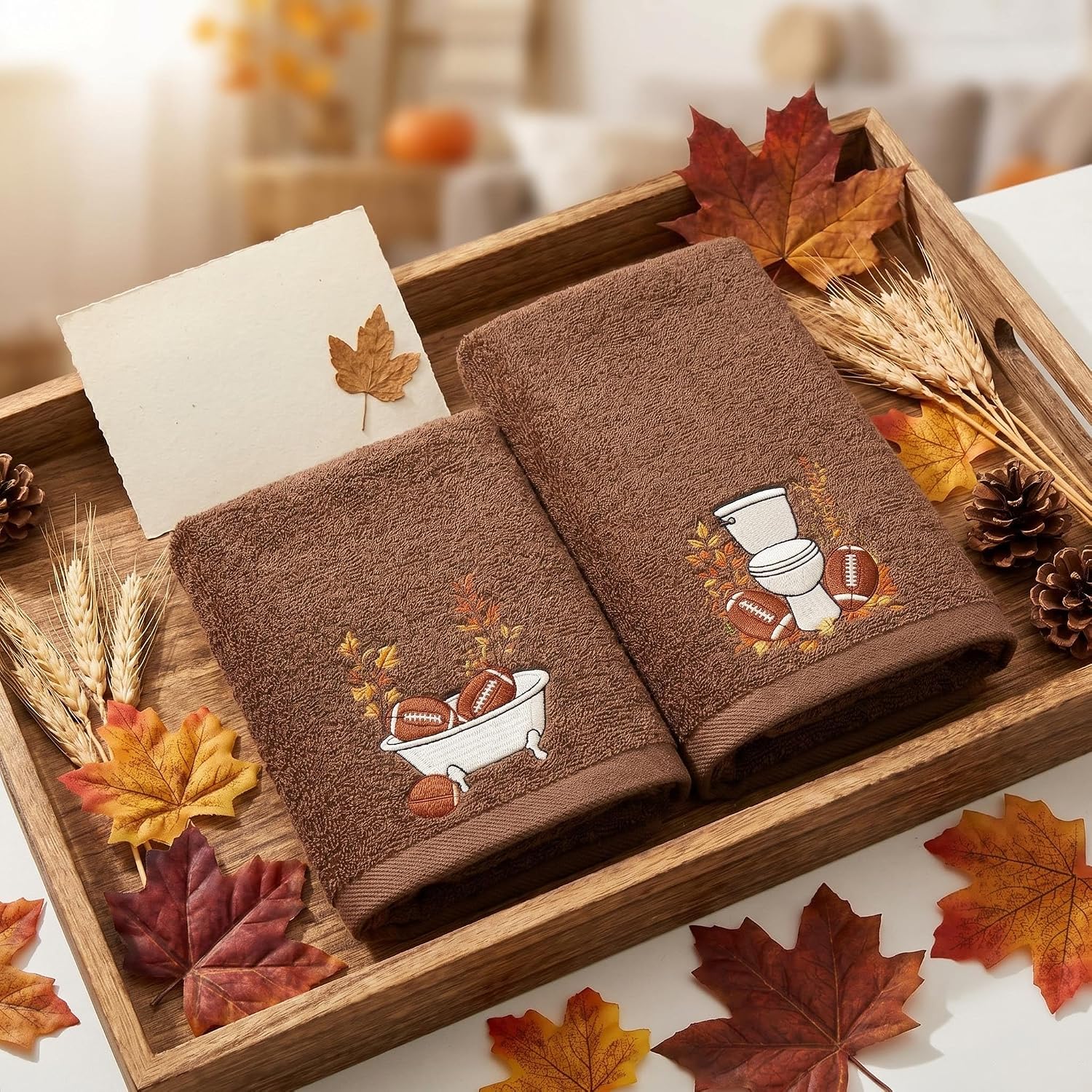 2 Pcs Fall Hand Towels for Bathroom 100% Cotton Jacquard Embroidered Thanksgiving Bath Towels Bathroom Kitchen Towels Decorative Gift Set Holiday Home Decor (Football)