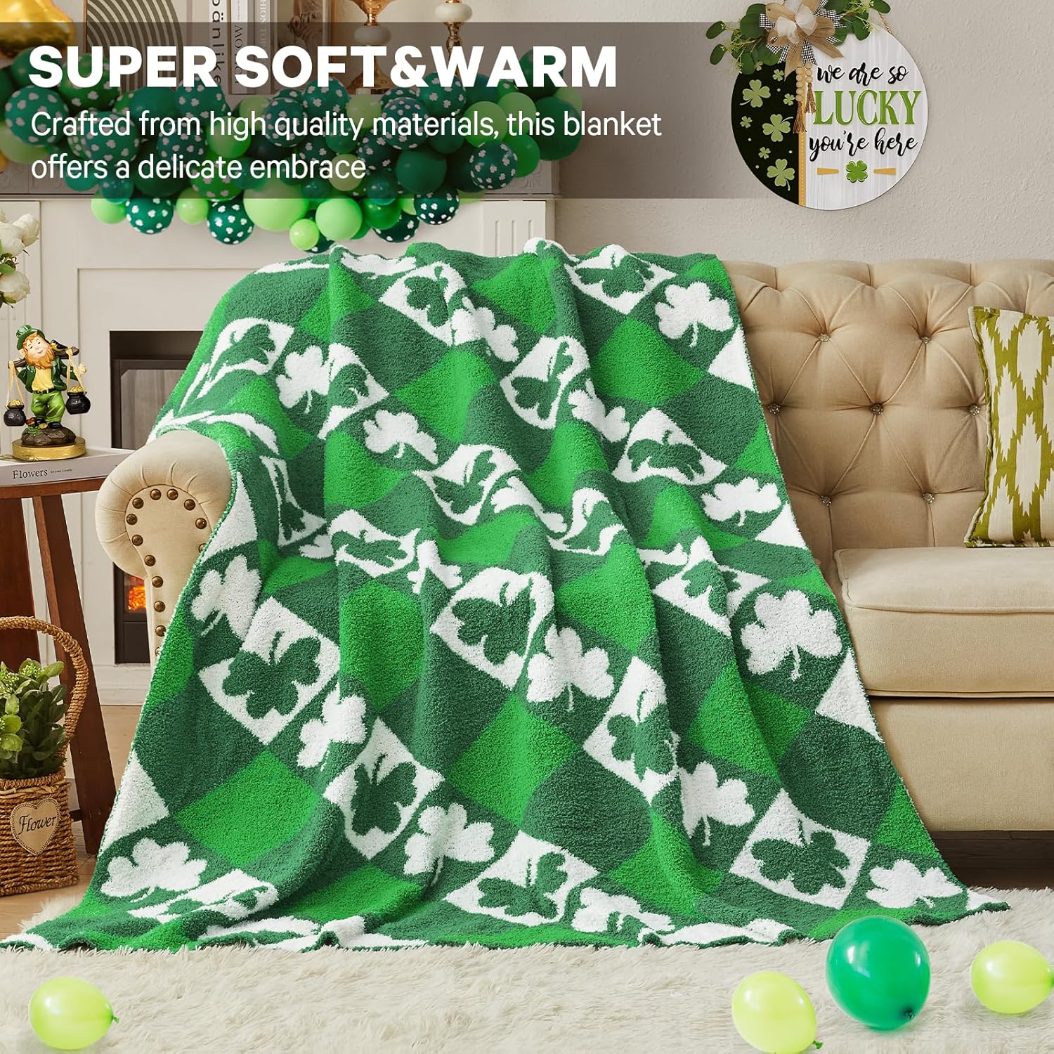 CYMULA St. Patrick's Day Knit Throw Blanket - Super Soft Lightweight Plush Shamrock Clover Blanket for Couch, Bed, Sofa, 50 x 60 Inches, Irish Green - Image 6