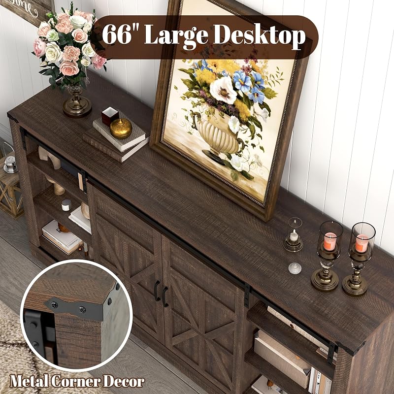 Hlivelood 66" Farmhouse TV Stand for 75 Inch TV, 33" Tall Entertainment Center with Power Outlets & Sliding Barn Door, Wood TV Stands with Storage, TV Media Console for Living Room, Brown image 5