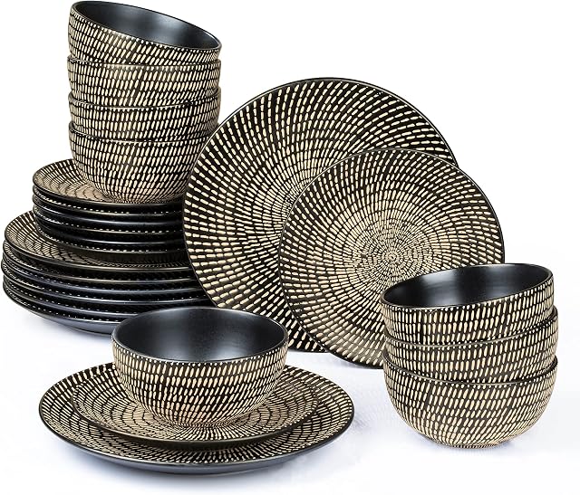 24 Piece Black & Cream Tribal Print Dinnerware Set 8X 26cm Dinner Plates, 8X 20cm Side Plates & 8X 16cm Deep Bowls - Dishwasher & Microwave Safe Unique & Stylish Stoneware Dining Set for 8 People