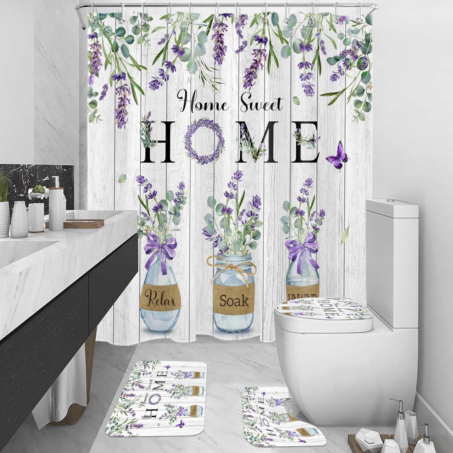 4 PCS Purple Lavender Shower Curtain Set with Rugs Farmhouse Bathroom Sets Floral Shower Curtain Bathroom Decor with Rugs Bath Accessories with Mats Toilet Lid Cover with 12 Hooks 72x72 Inches