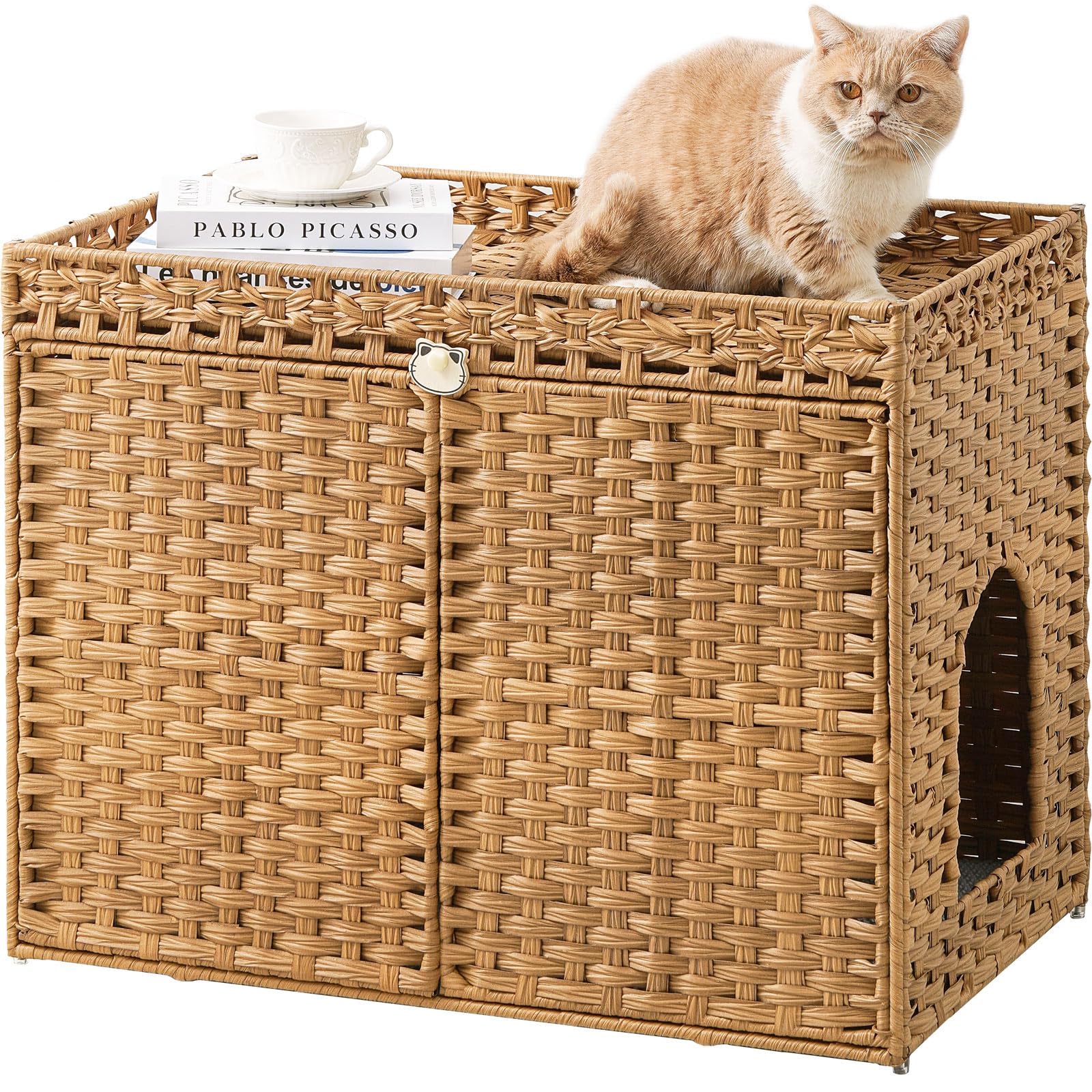 SETVSON Cat Litter Box Enclosure Furniture, Handwoven Rattan Hidden Litter Box with Mat, Large Space Cat House with 2 S-Shaped Hooks 30.3 x 18.3 x