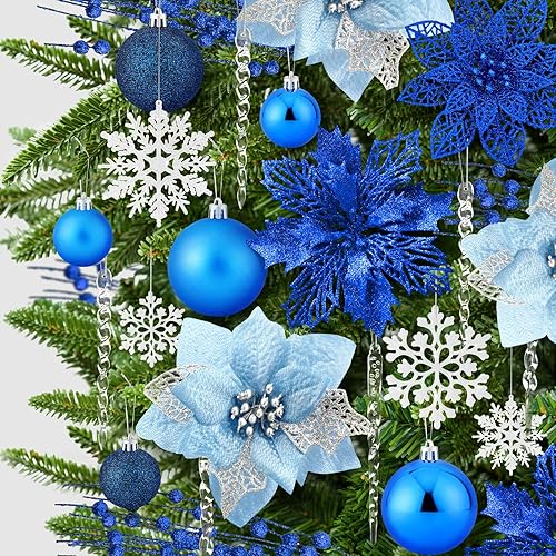 Miniatura 9 de 92 piezas de adornos de bolas de Navidad, copo de nieve colgante de cristal, flores de pascua con purpurina de Navidad, tallos artificiales para Oro