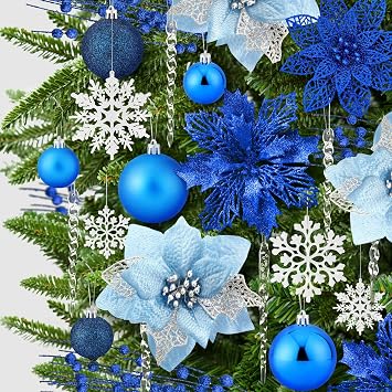 92pcs Christmas Tree Decoration Set, Christmas Ball Ornaments Bulk, Artificial Glitter Poinsettia Flowers, Hanging Crystal Snowflake Drop, Xmas Flowers for Holiday Wedding New Year Party Decor Blue