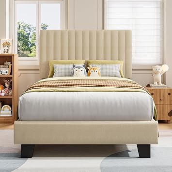 iPormis Twin Size Bed Frame, Upholstered Platform Bed with Vertical Linen Headboard, Wide Bed Legs and Strong Wood Slats Support, No Box Spring Needed, Easy Assembly, Beige