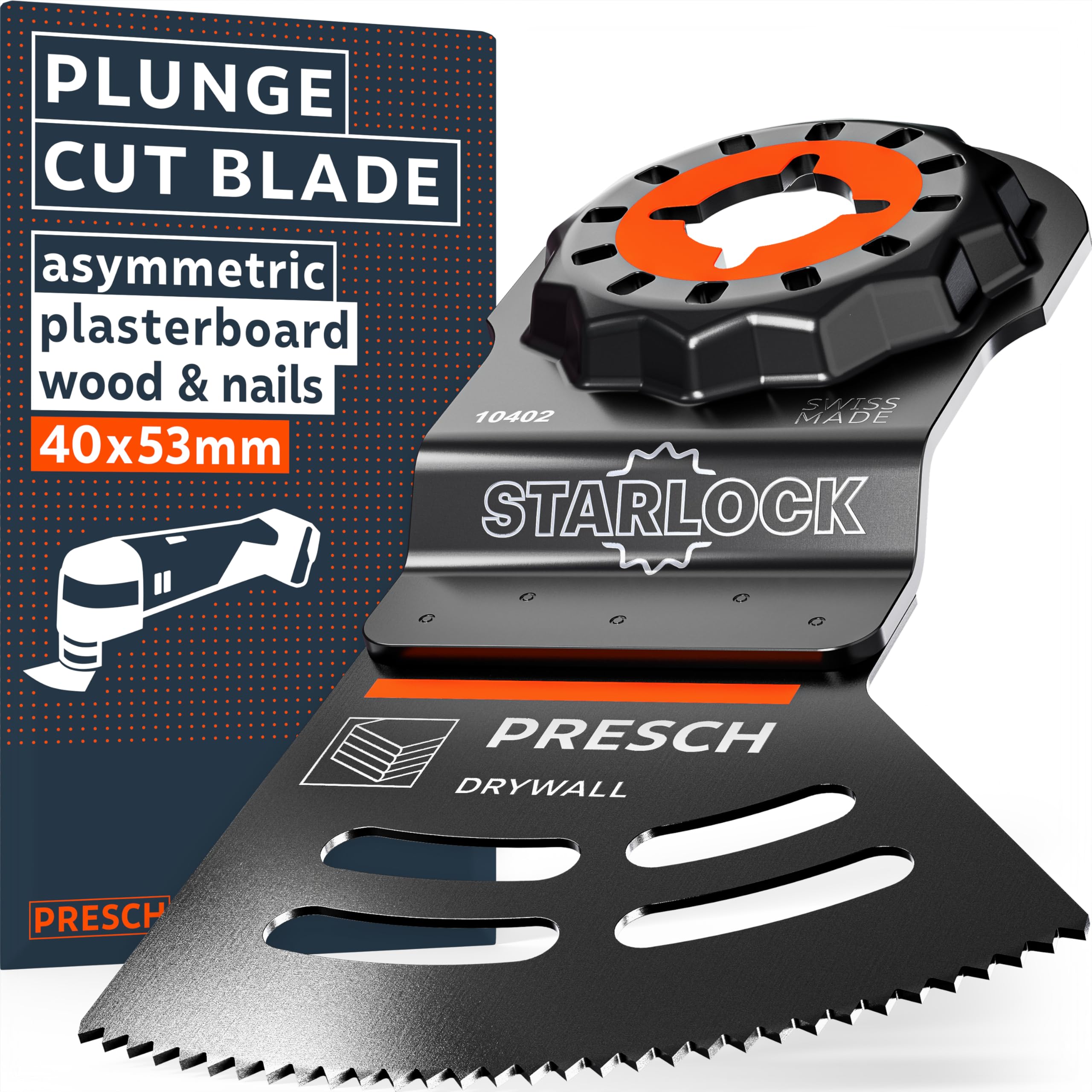 Presch Plasterboard Multitool Blade 40x32mm - Starlock multitool blade for tool-free replacement - Clean, precise cuts thanks to asymmetrical Dual-Tec design - Precise oscillating accessories
