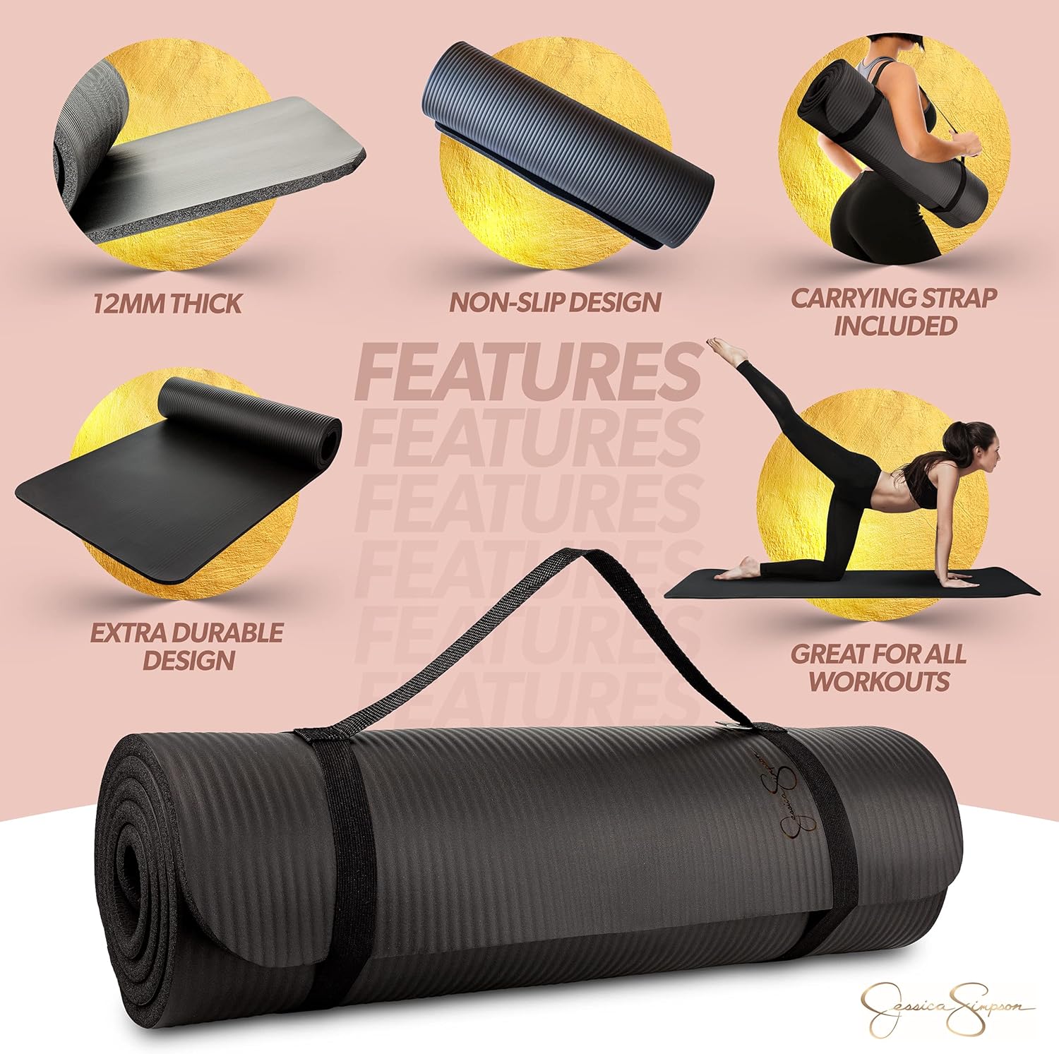 Jessica Simpson 12mm Yoga Mat with Carrying Strap - Black : Sports & Outdoors