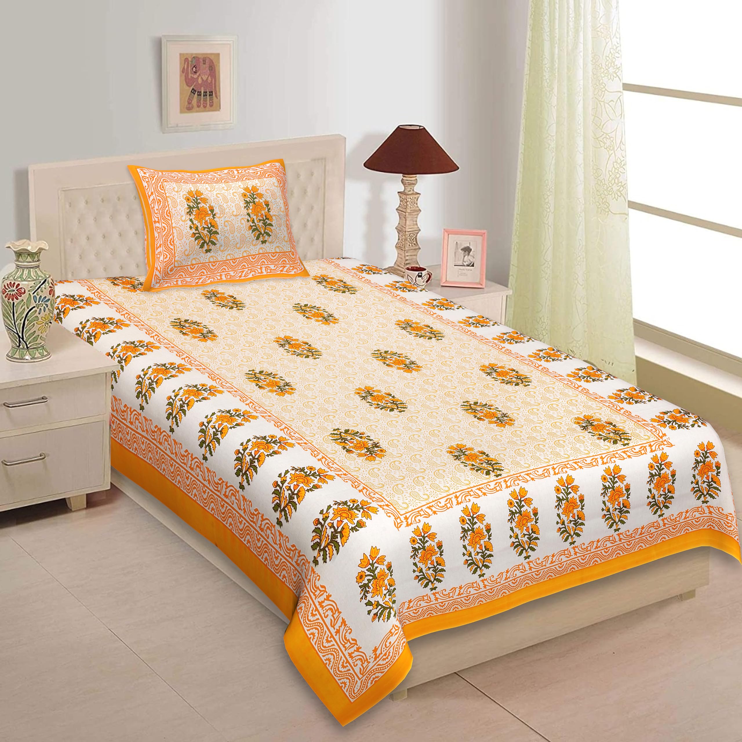 Jaipuri Single Bed Cotton Bedsheet with 1 Pillow Cover | Soft Plush Cotton Fabric | Traditional Print | Bedroom Home Decor | Grey (White:Yellow)-picture-13