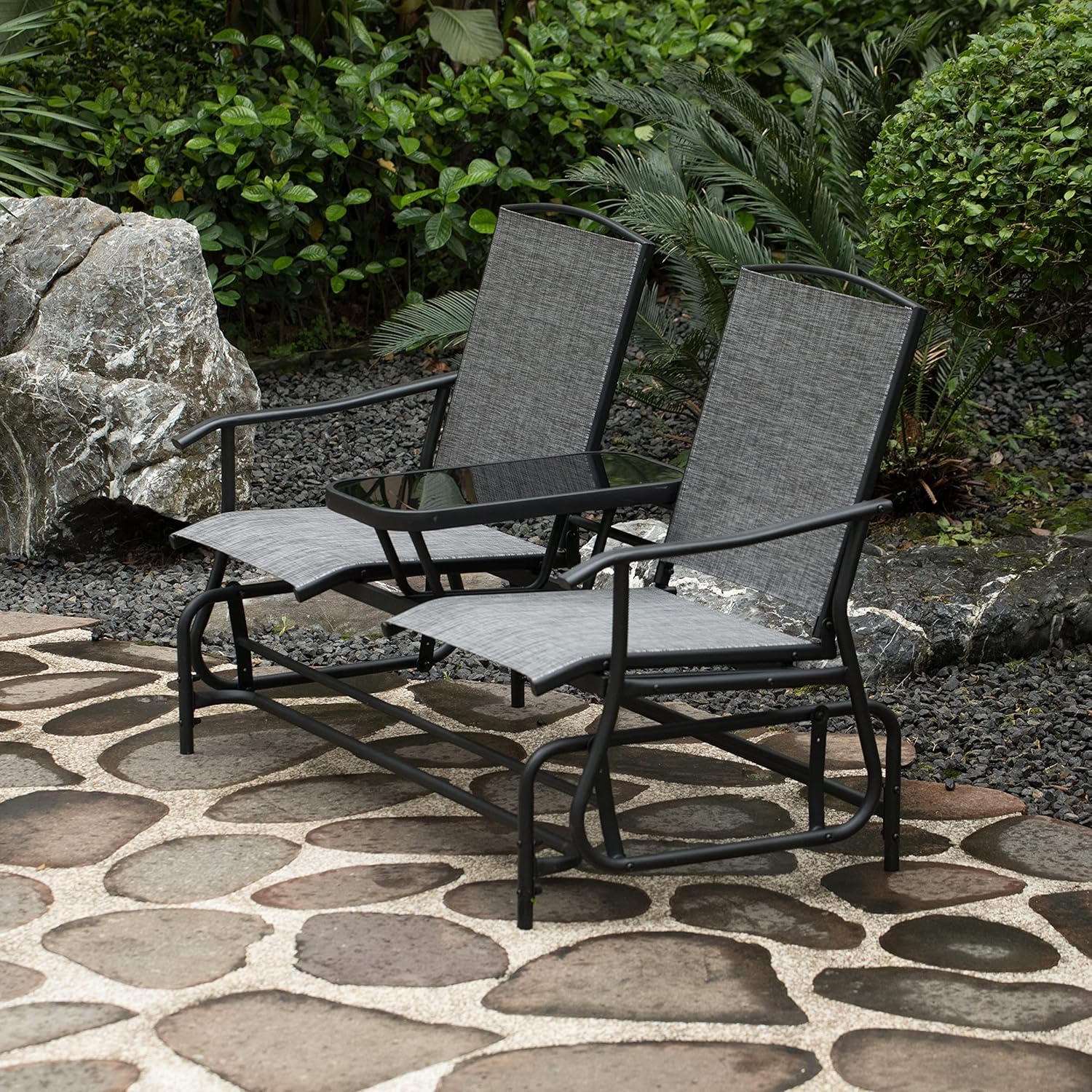 Gardenised Two Person Outdoor Double Swing Glider Chair Set with Center Tempered Glass Table, Loveseat Lawn Rocker Bench