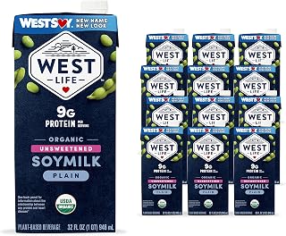 WestLife Organic Unsweetened Soy Milk, 9g Protein, Vegan Dairy-Free, Lactose-Free, Shelf-Stable 32oz Pack of 12