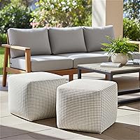 SimpliHome Zelma 18-Inch Square Pouf Ottoman Dune Beige Boho Indoor Outdoor Footstool Extra Seating Assembled