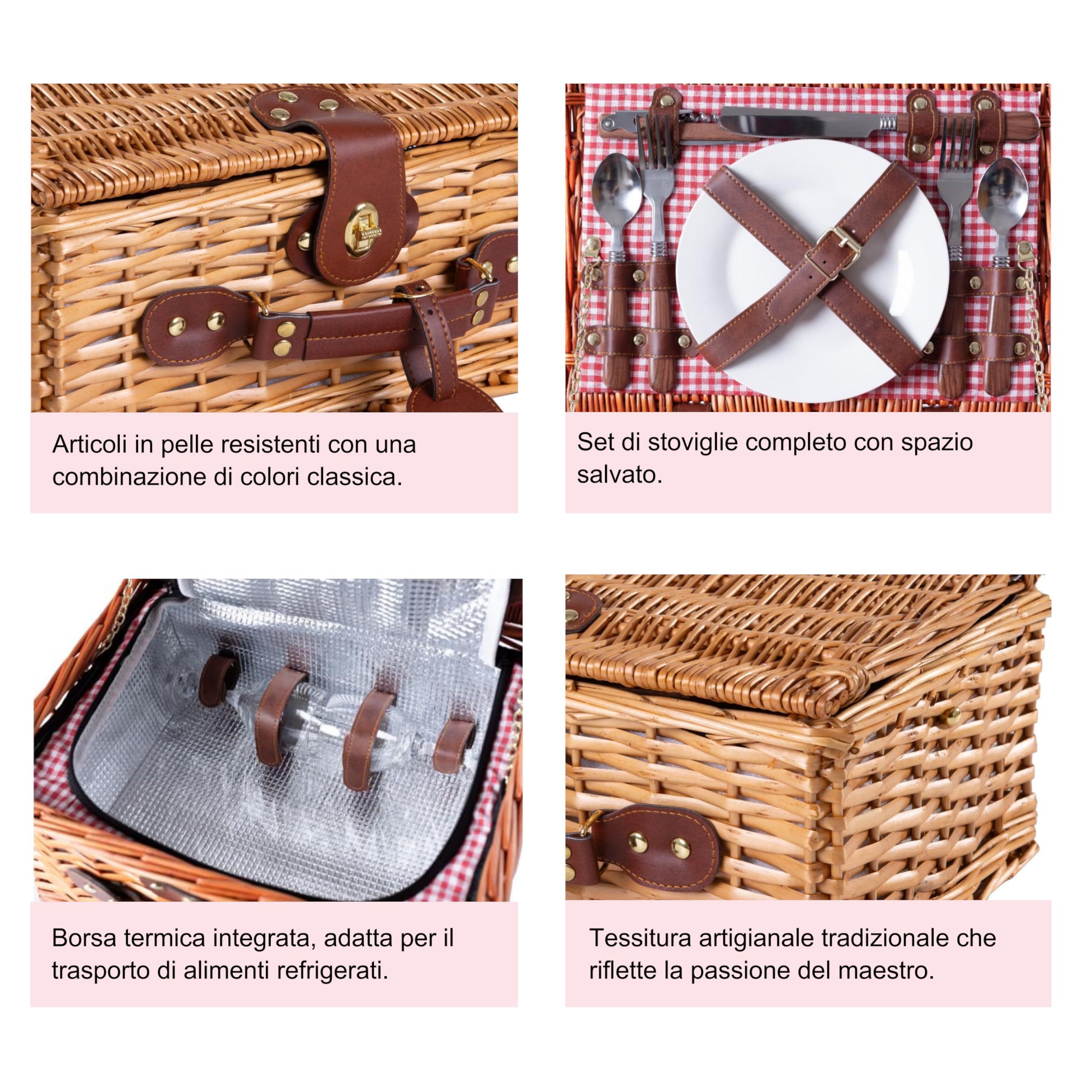 Cestino da Picnic in Vimini per 2 Persone – Cesto Vimini Picnic con Scompartimento Isotermico e Accessori Inclusi, Fantasia a Quadretti Rossi, 34,5 x 26 x 16 cm