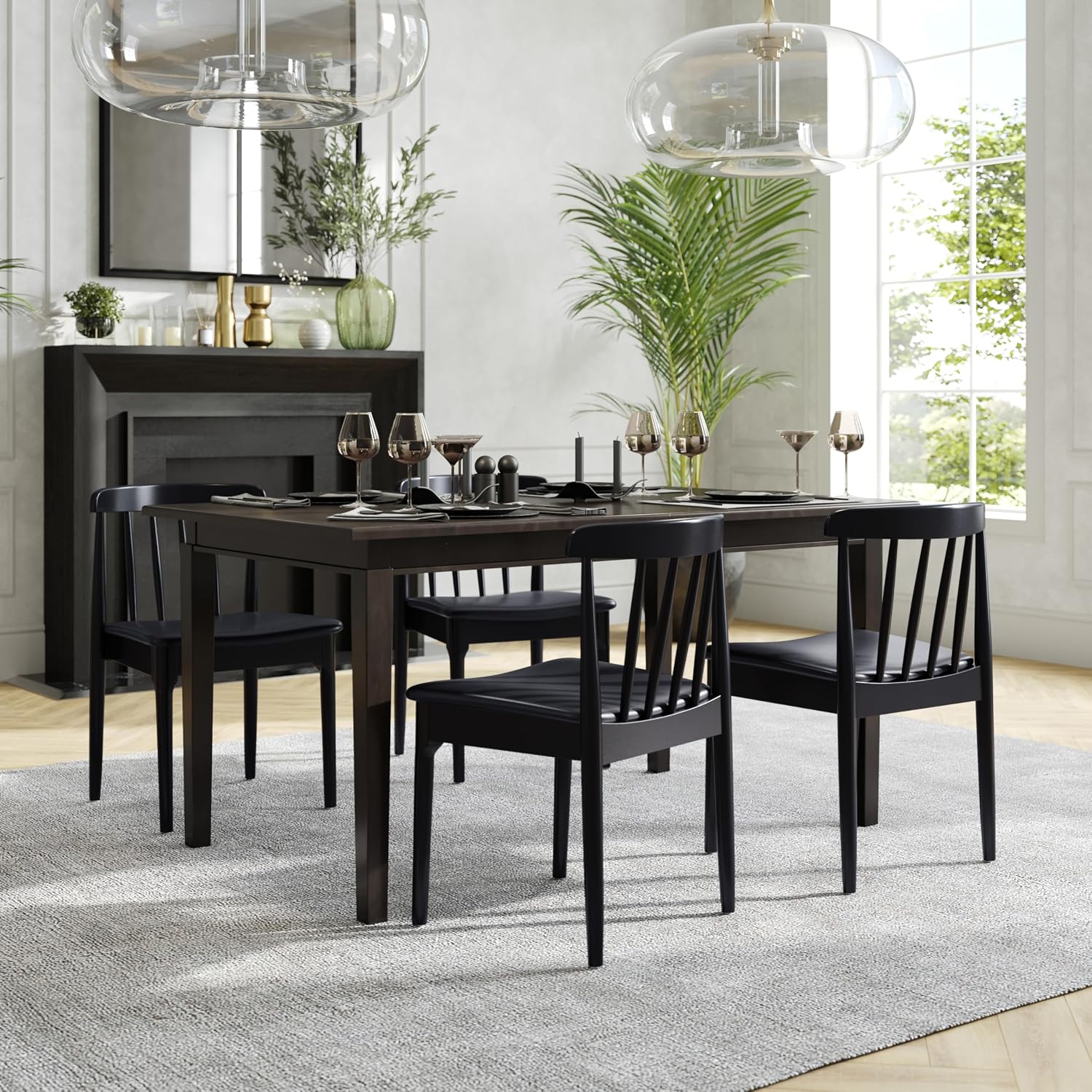 Flash Furniture Chester Solid Wood Dining Chair, Commercial Grade Restaurant Chair with Curved Spindle Backrest and Vinyl Padded Seat, Black/Black