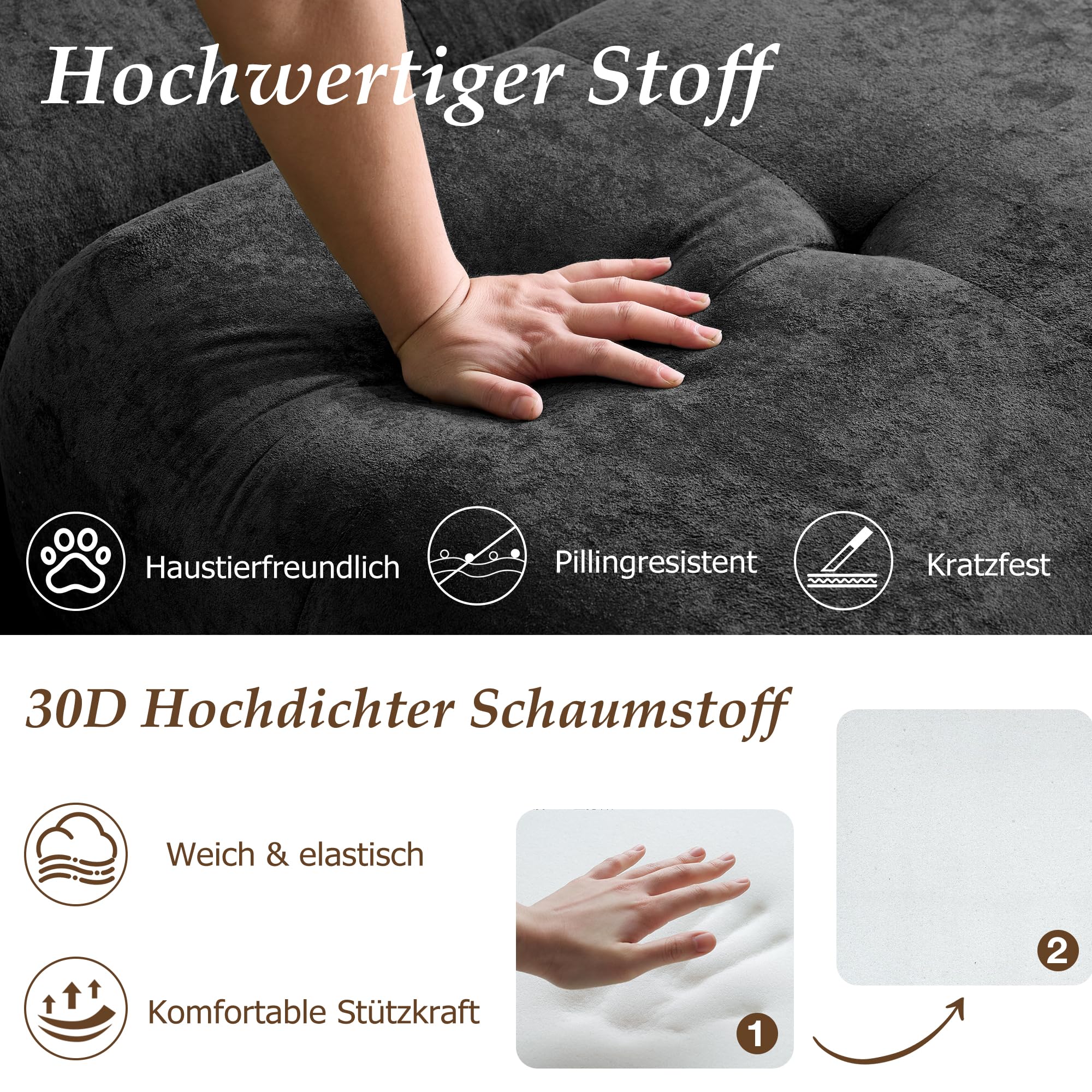 264cm L-förmiges modulares Boneless-Sofa, Ecksofa mit beweglicher Ottomane, tiefer Sitzfläche & Breiten Armlehnen, Cloud Couch ohne Montage für Wohnzimmer, Schlafzimmer (Schwarz)