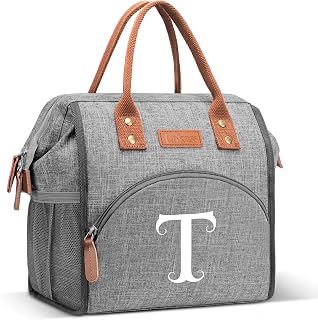 Initial Insulated Lunch Bag for Women, Back-to-School Season/Personalized Valentine's Day Gifts Reusable Leak-Proof Lunch Box Wide-Open Large Drinks Snacks Organizer for Work School Travel Picnic